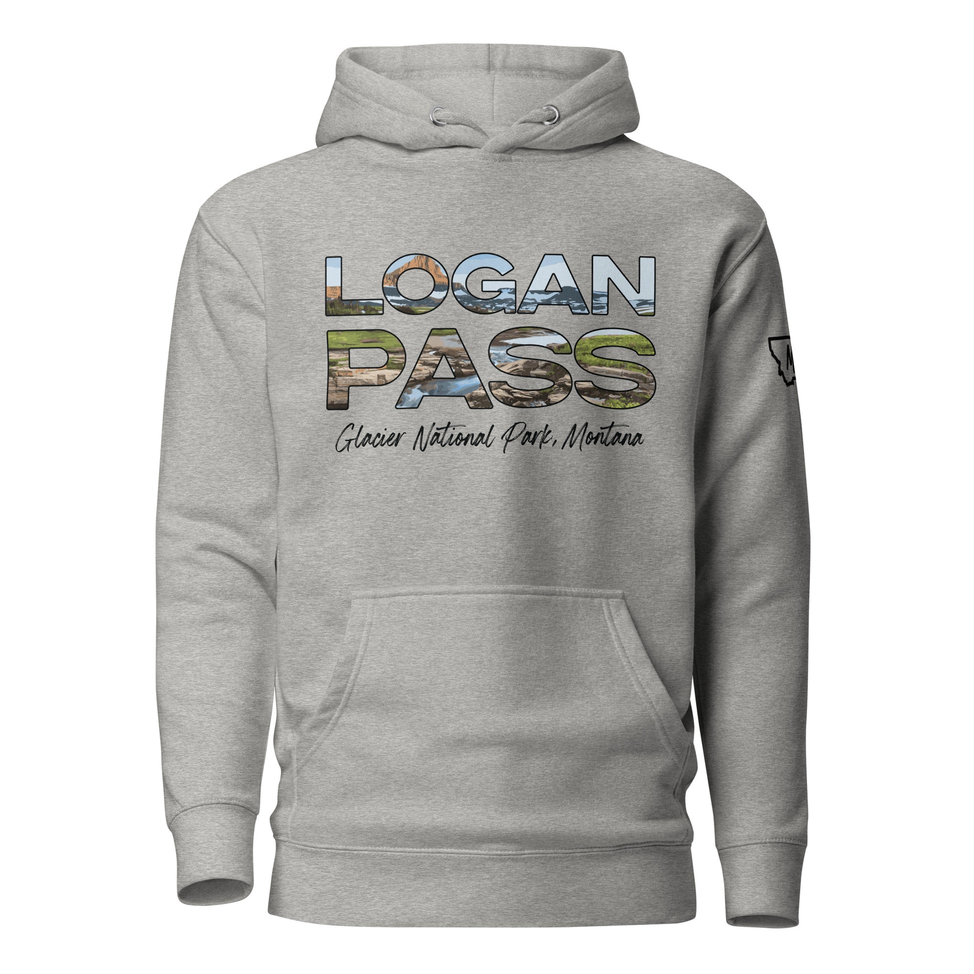 Front view of Logan Pass in Glacier National Park Montana Carbon Grey Hoodie from Park Attire