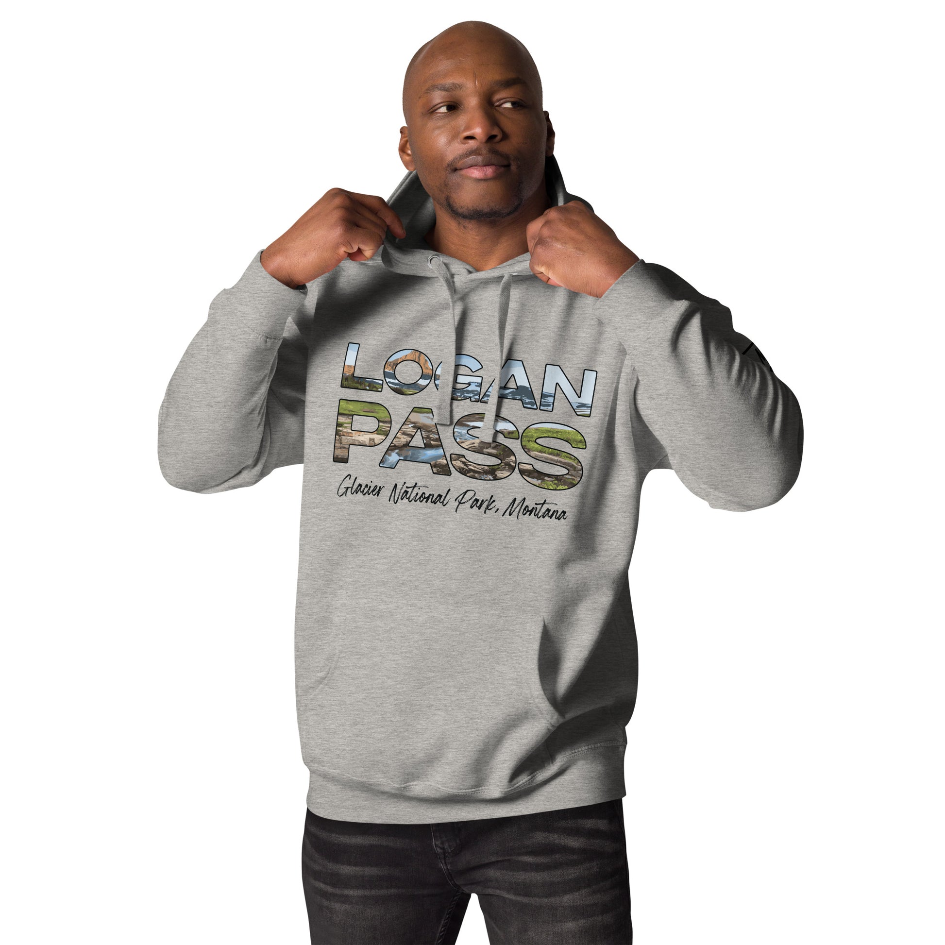 Front-Side view of Logan Pass in Glacier National Park Montana Carbon Grey Men's Hoodie from Park Attire