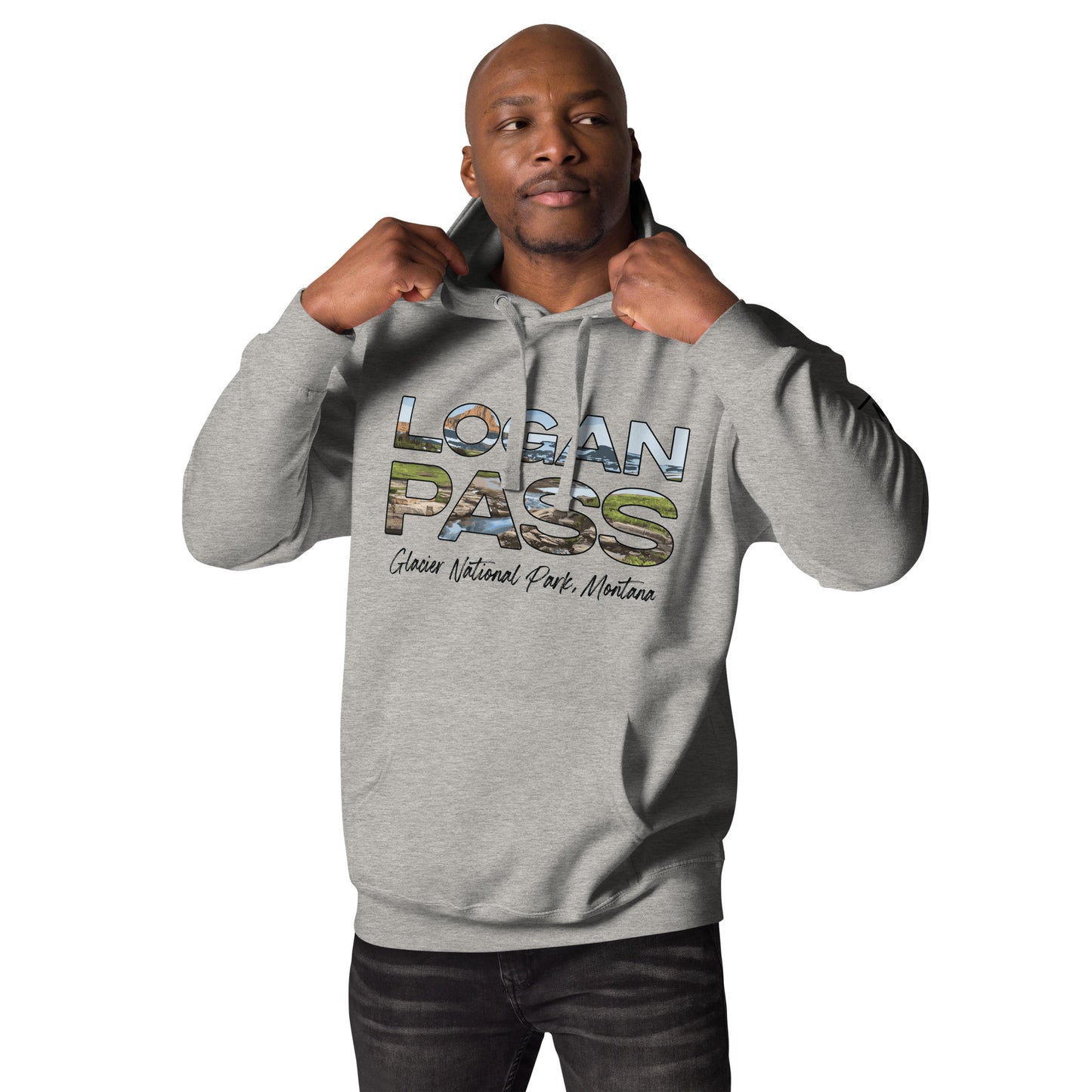 Front-Side view of Logan Pass in Glacier National Park Montana Carbon Grey Men's Hoodie from Park Attire