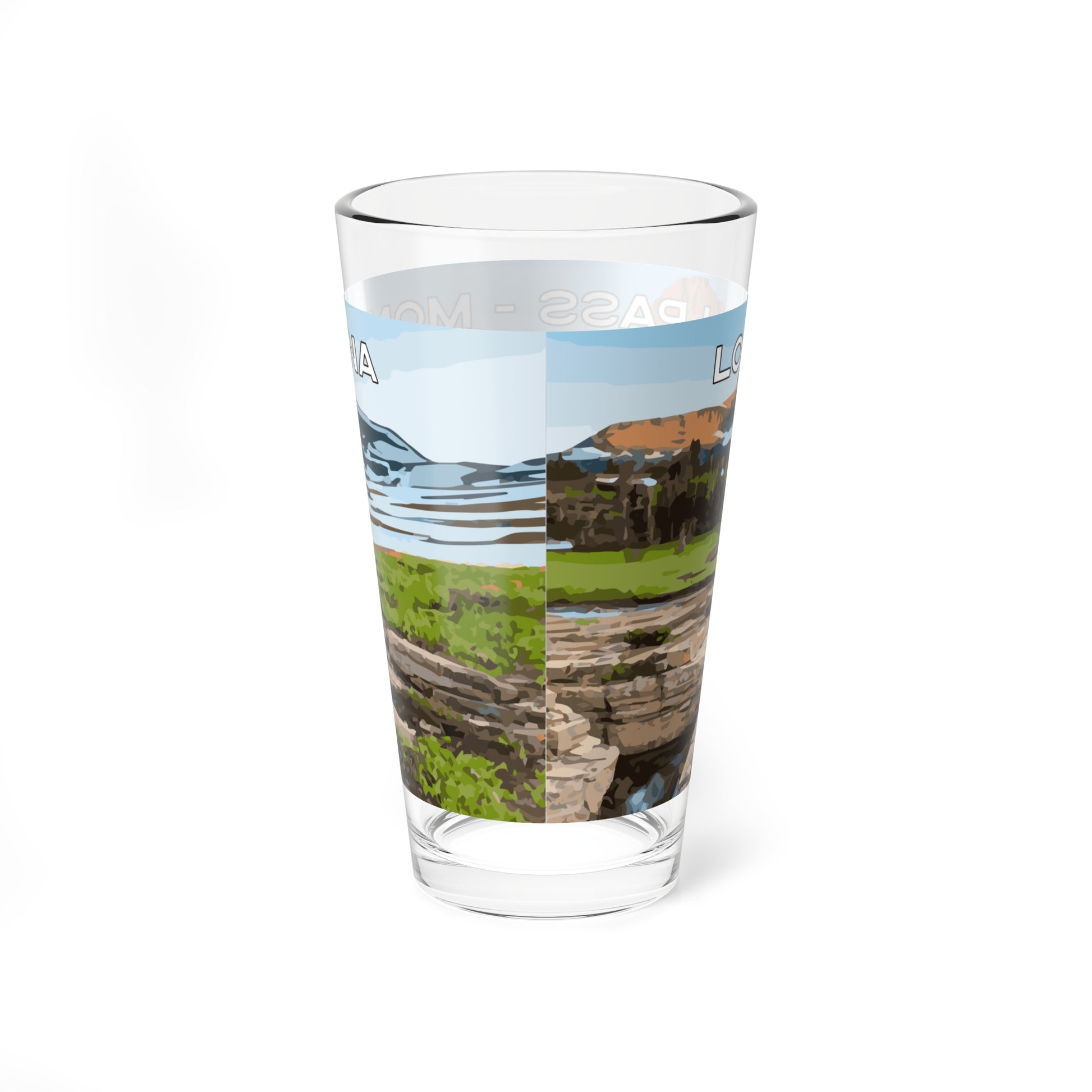 Back view of Logan Pass in Glacier National Park 16oz Bar Drinkware from Park Attire