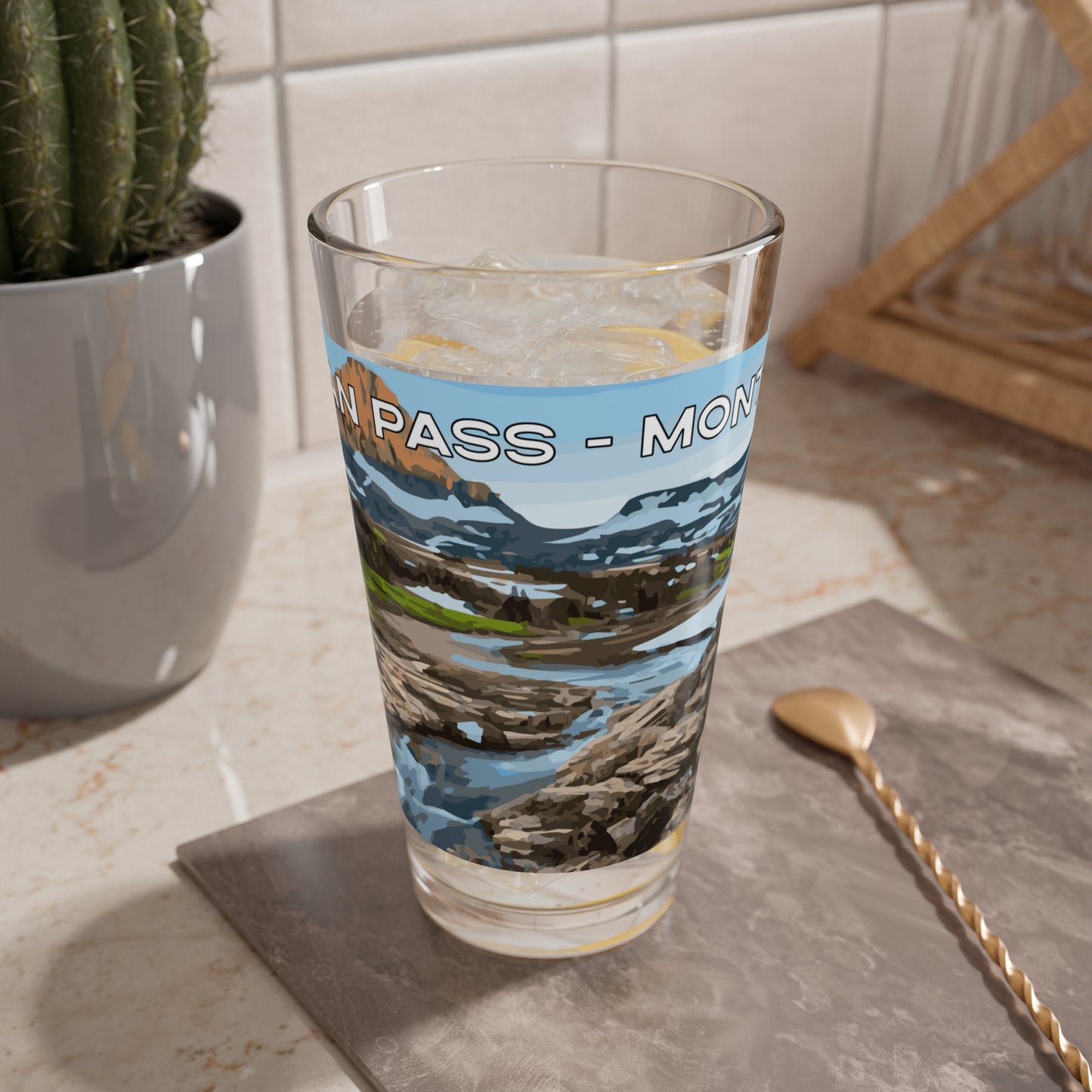 Front view of Logan Pass in Glacier National Park 16oz Beer Glassware from Park Attire