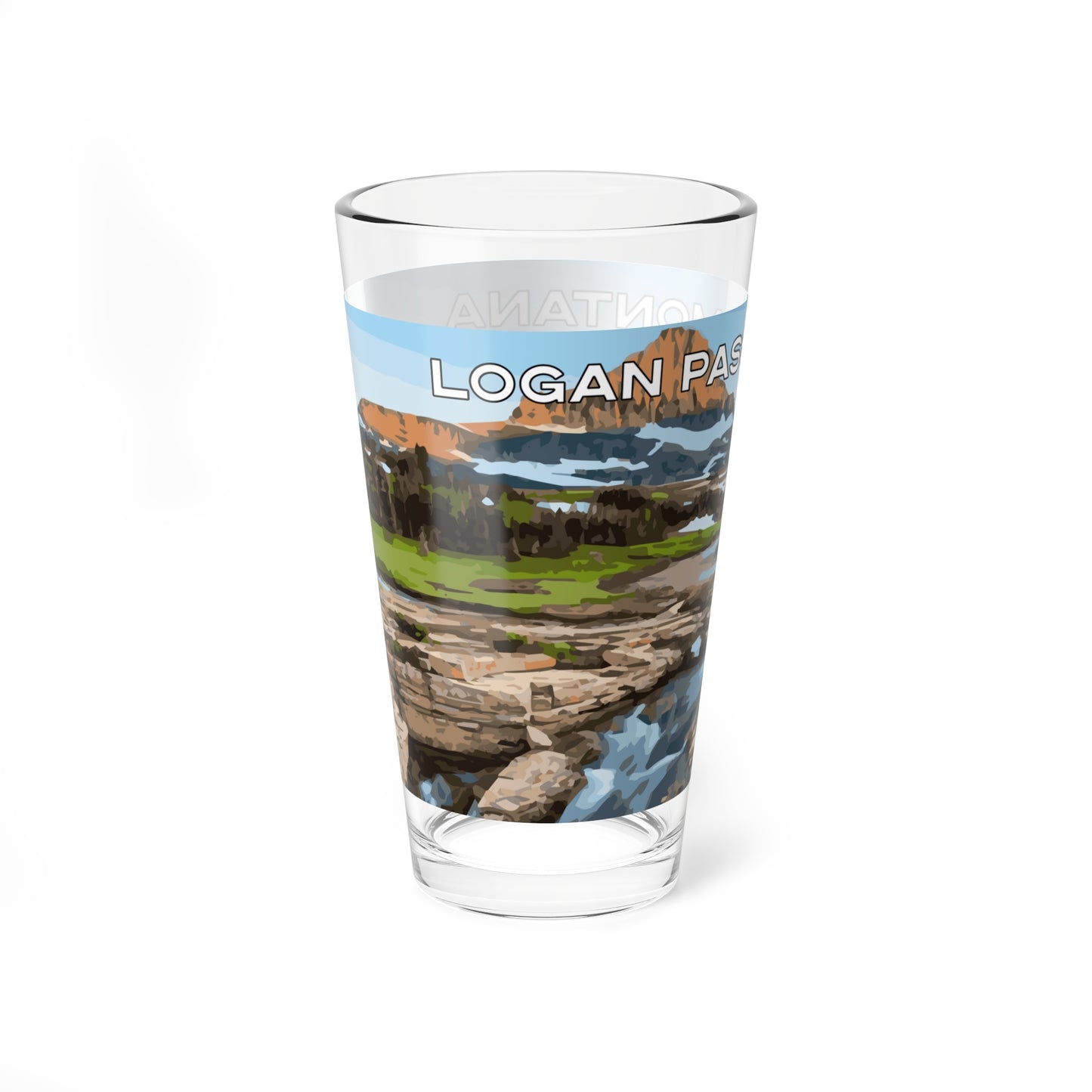 Front view of Logan Pass in Glacier National Park 16oz Pint Glass from Park Attire