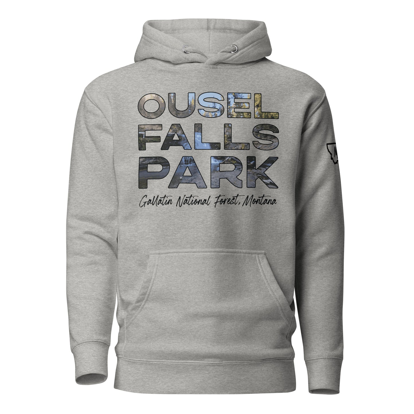 Front view of Ousel Falls Park in Custer Gallatin National Forest Montana Carbon Grey Hoodie from Park Attire