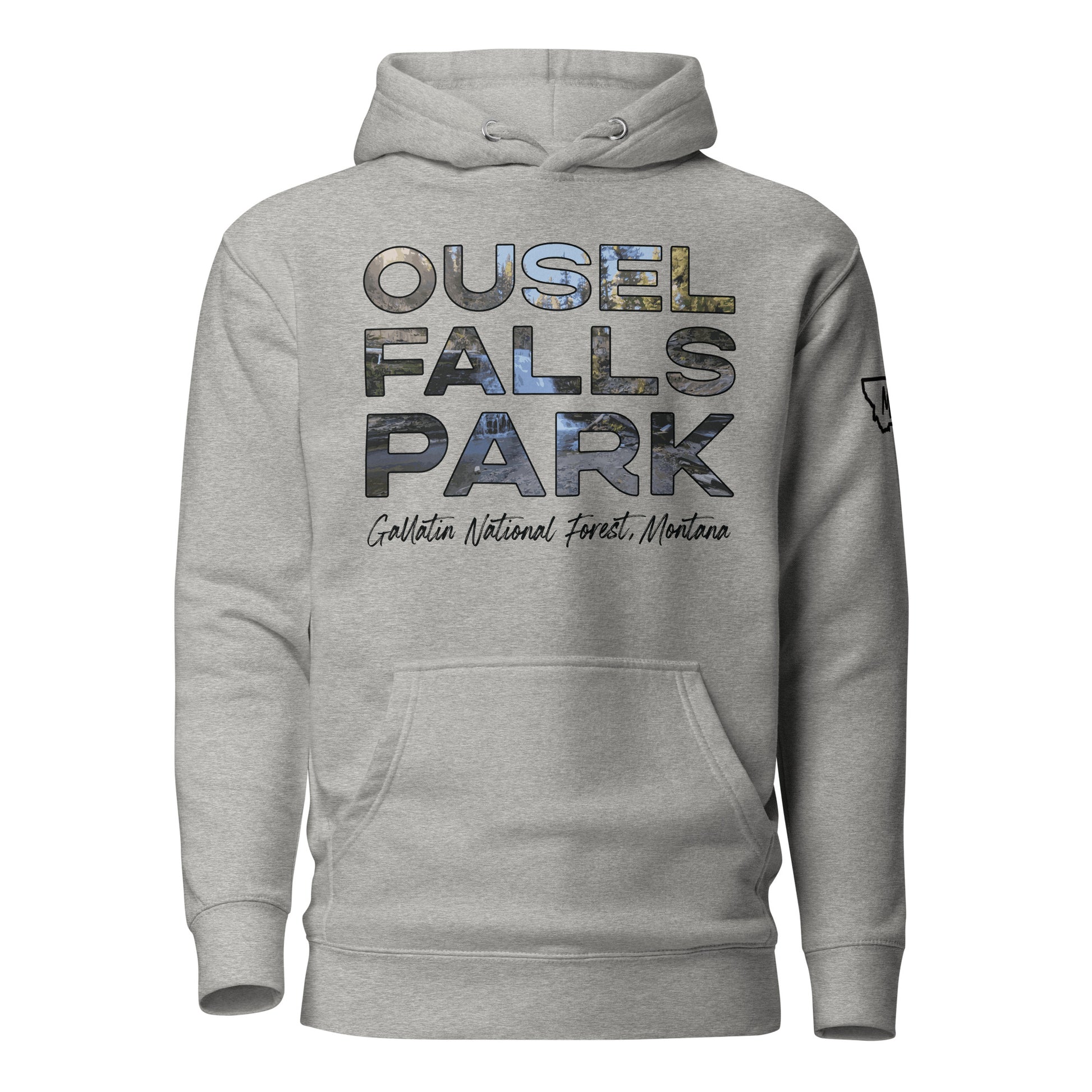 Front view of Ousel Falls Park in Custer Gallatin National Forest Montana Carbon Grey Hoodie from Park Attire