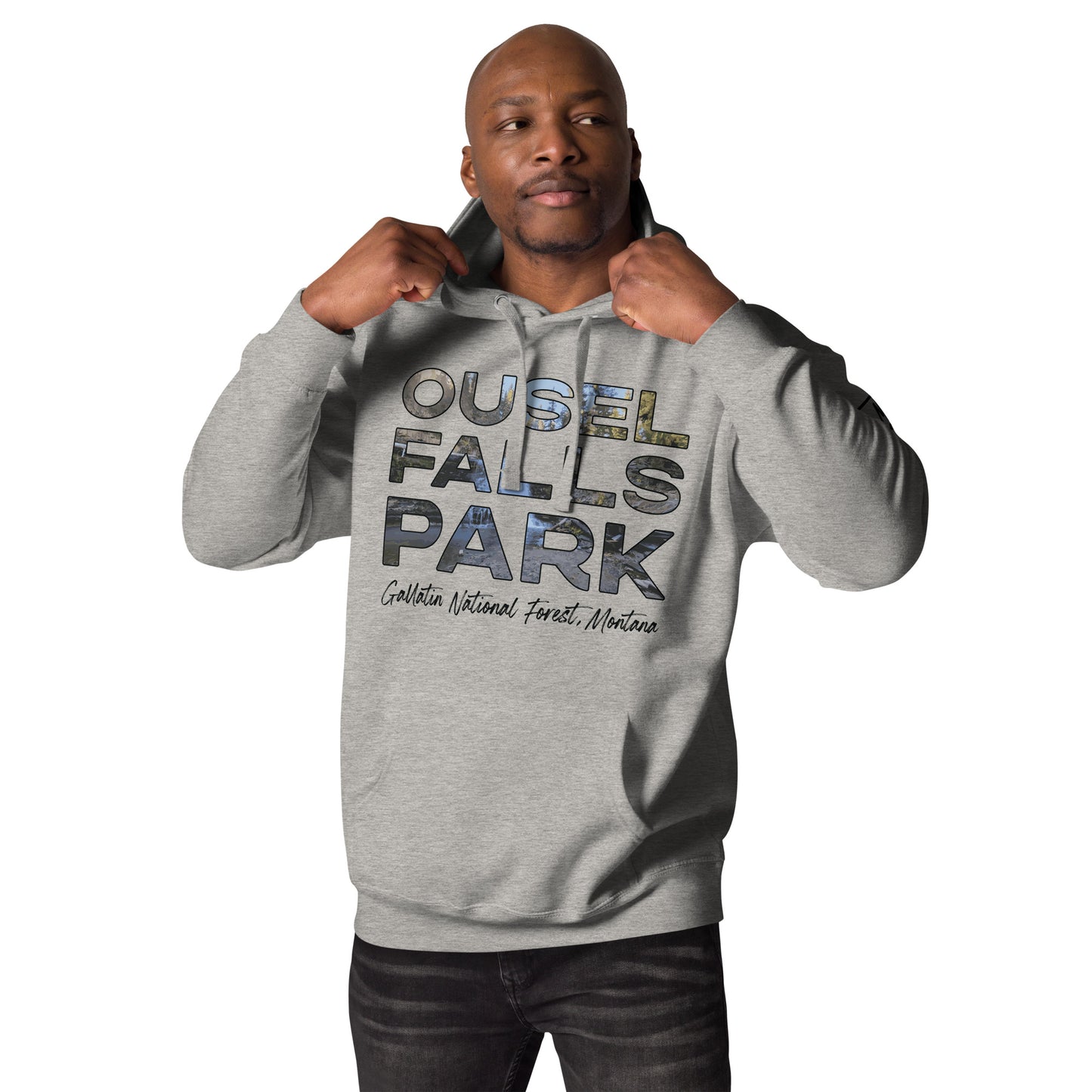 Front-Side view of Ousel Falls Park in Custer Gallatin National Forest Montana Carbon Grey Men's Hoodie from Park Attire