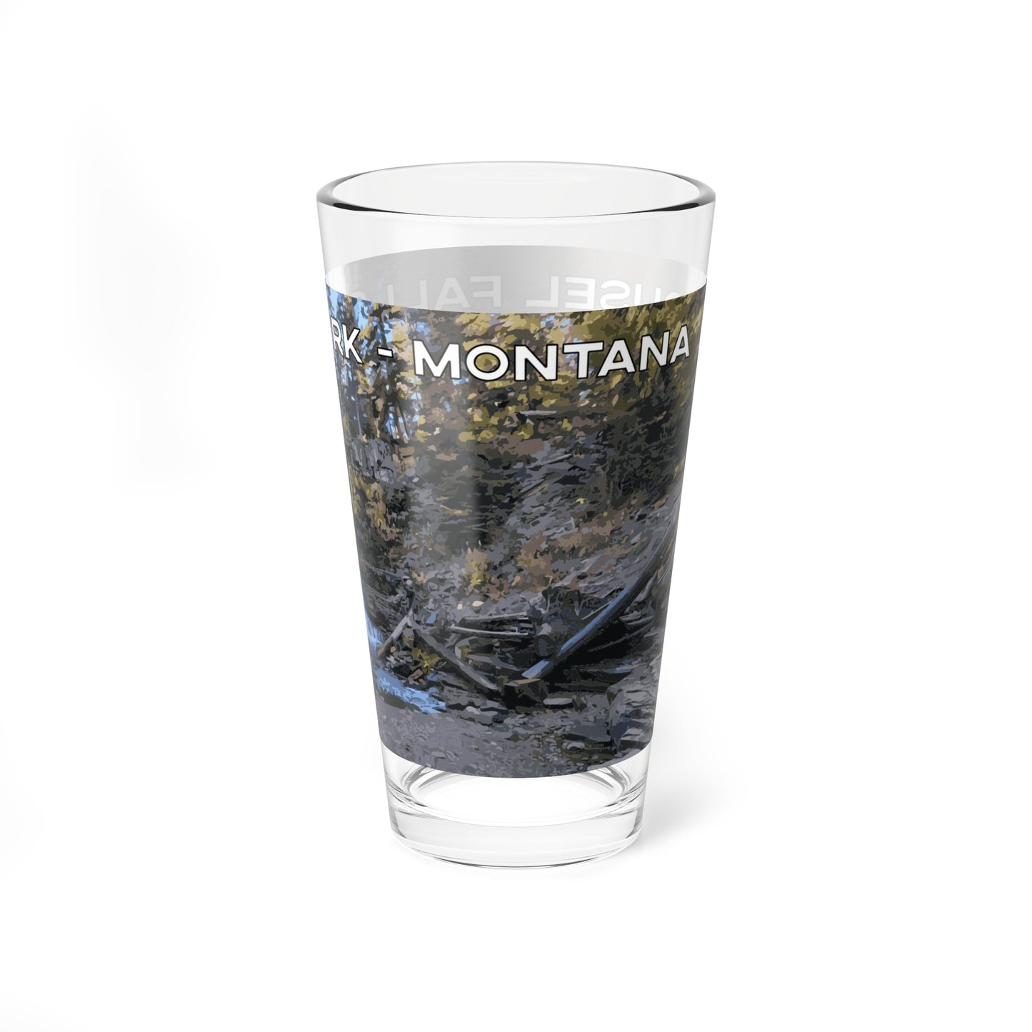 Side view of Ousel Falls Park in Glacier National Park 16oz Bar Glass from Park Attire
