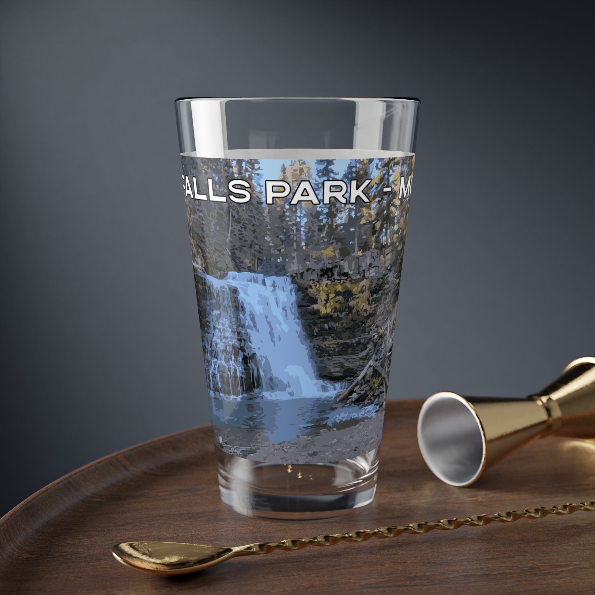 Front view of Ousel Falls Park in Glacier National Park 16oz Beer Glass from Park Attire