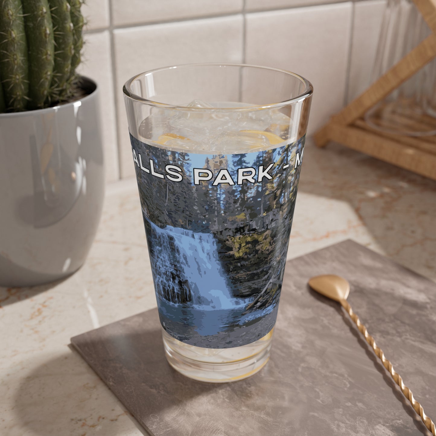 Front view of Ousel Falls Park in Glacier National Park 16oz Beer Glassware from Park Attire