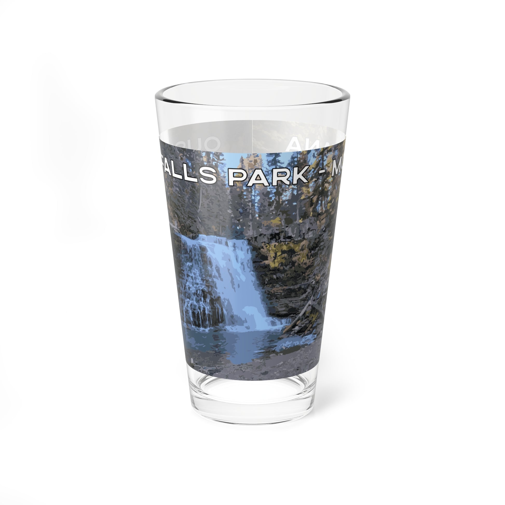 Side view of Ousel Falls Park in Glacier National Park 16oz Clear Glassware from Park Attire