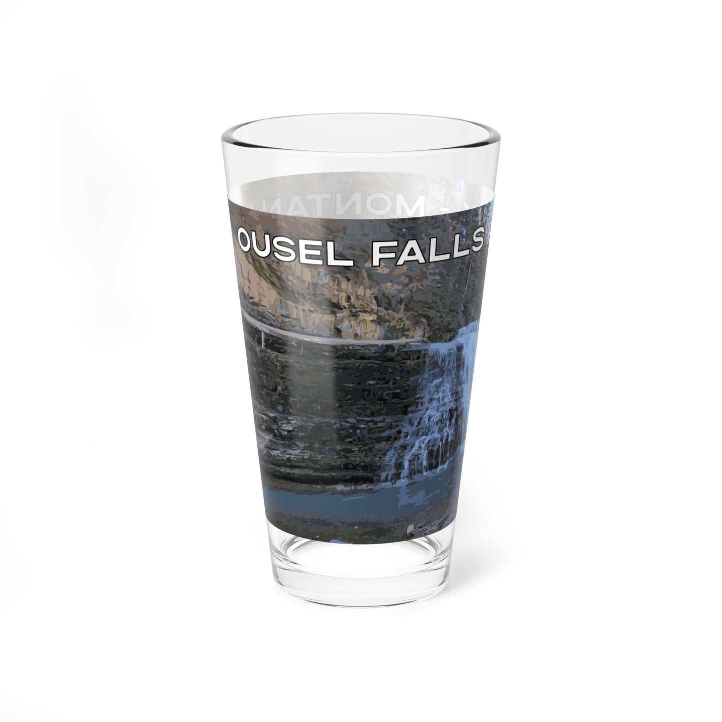 Front view of Ousel Falls Park in Glacier National Park 16oz Pint Glass from Park Attire