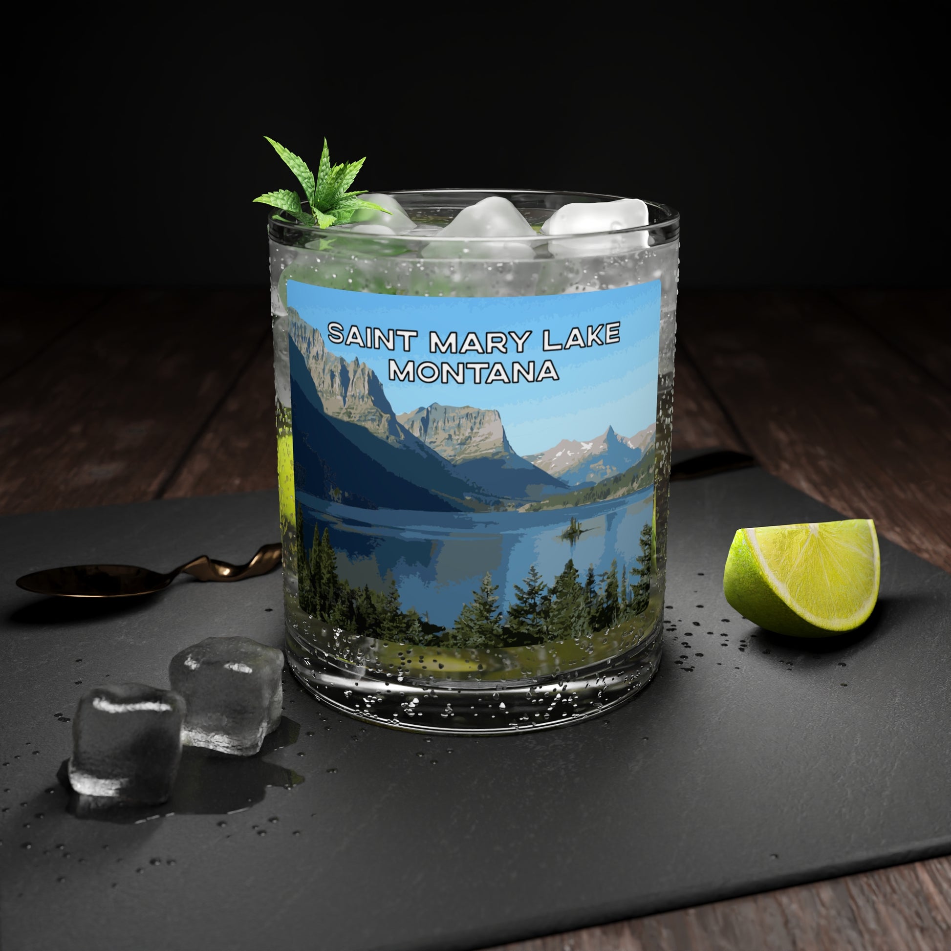 Front view of Saint Mary Lake in Glacier National Park Montana Scotch Glass from Park Attire