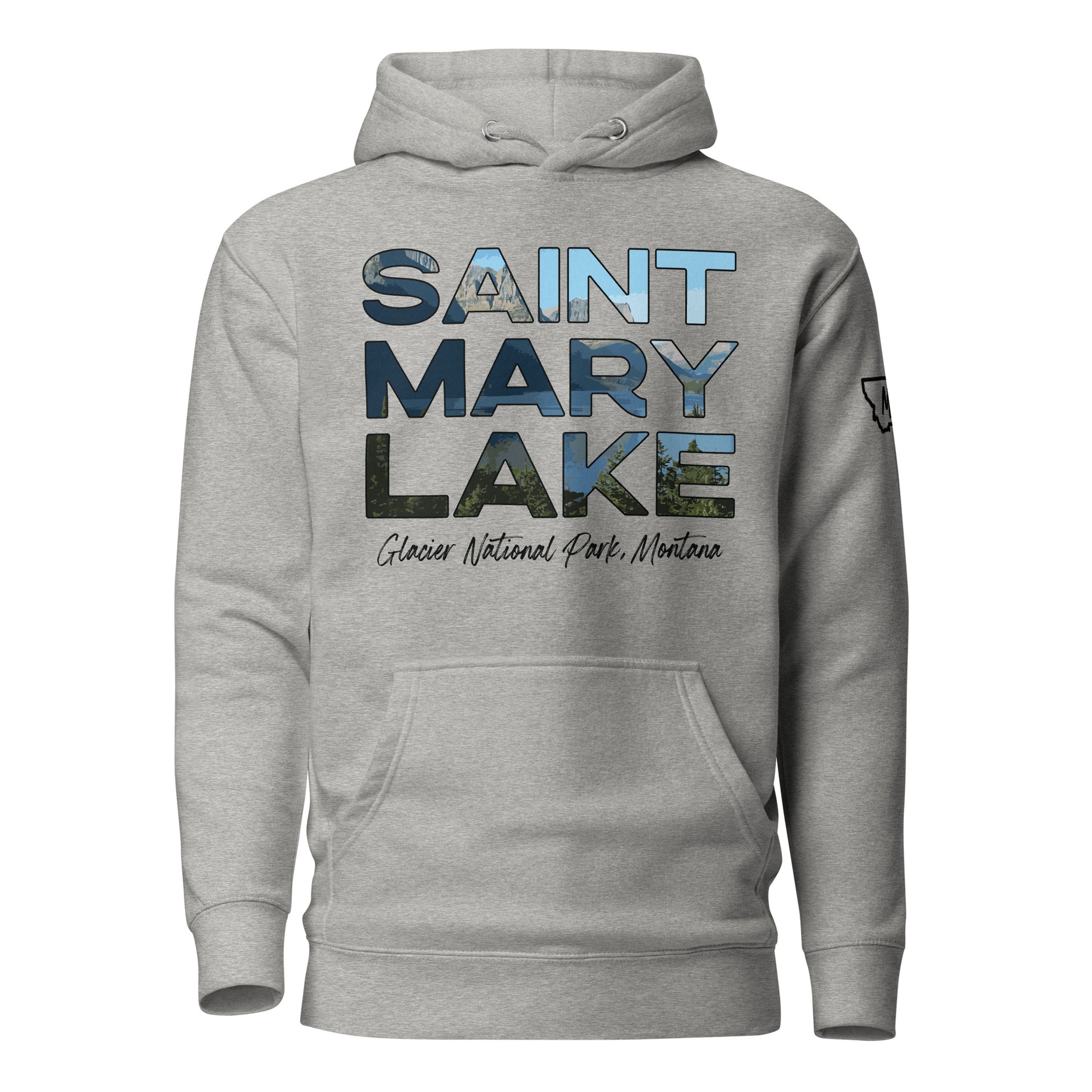 Front view of Saint Mary Lake in Glacier National Park Montana Carbon Grey Hoodie from Park Attire