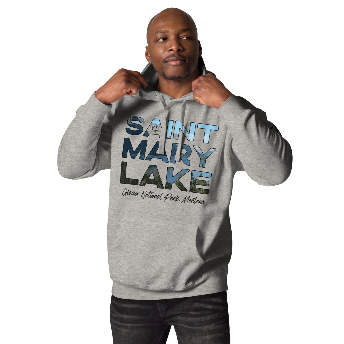 Front-Side view of Saint Mary Lake in Glacier National Park Montana Carbon Grey Men's Hoodie from Park Attire