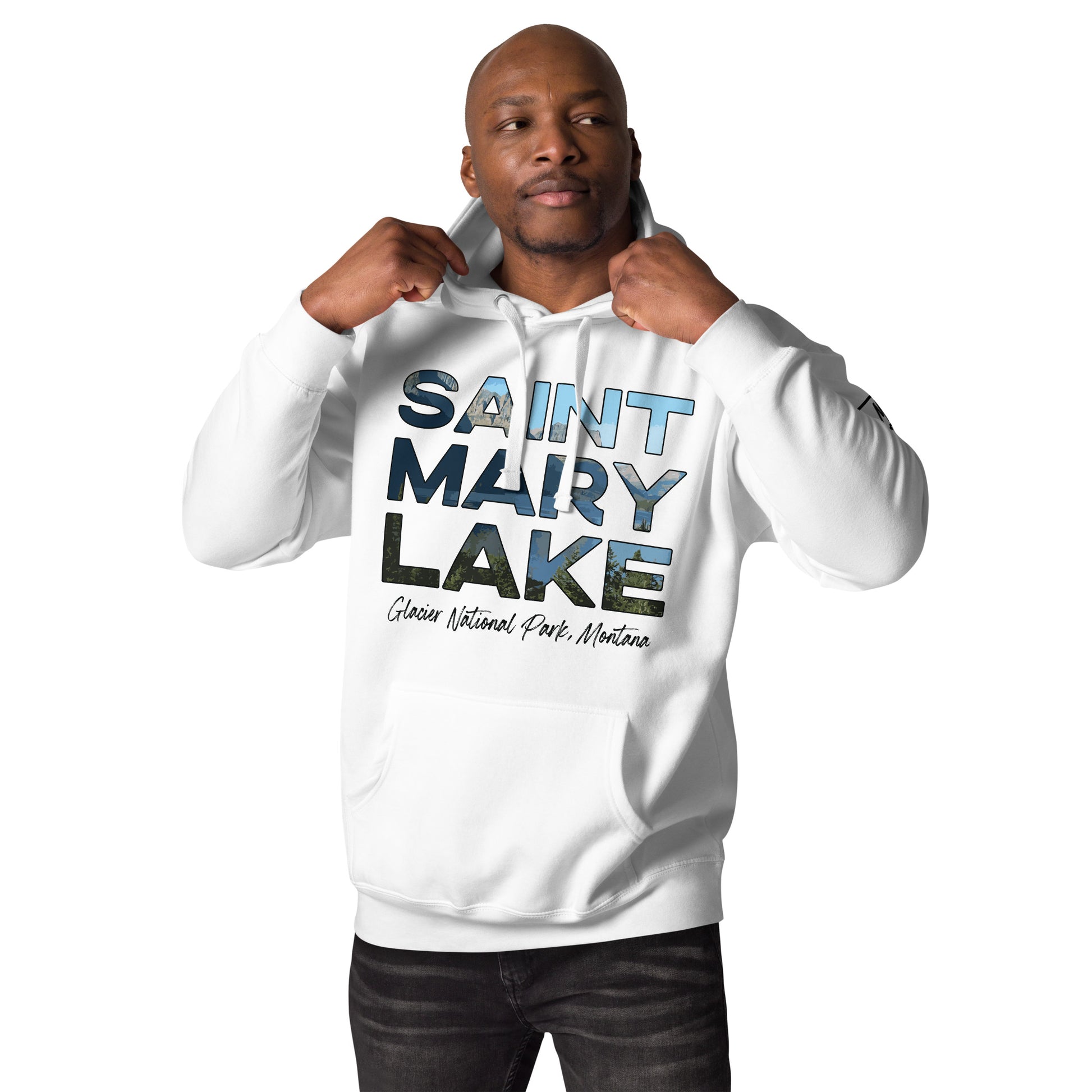 Front-Side view of Saint Mary Lake in Glacier National Park Montana White Men's Hoodie from Park Attire