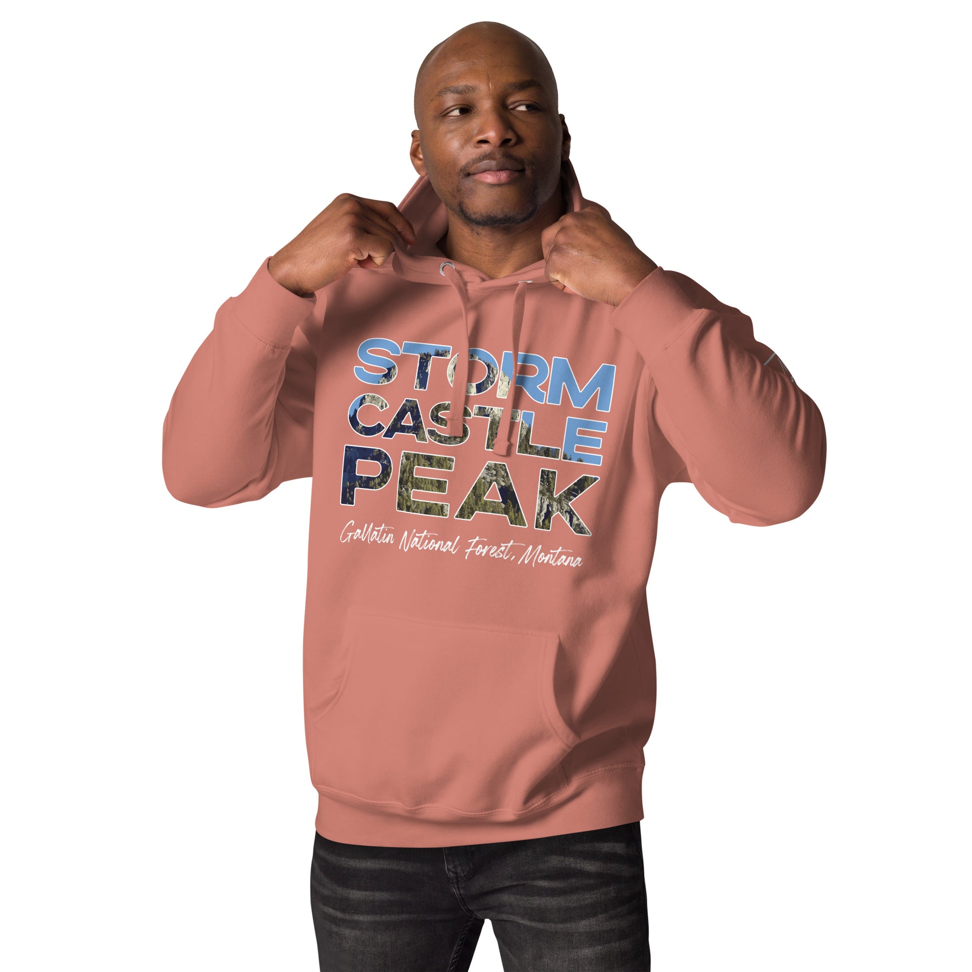 Front-Side view of Storm Castle Peak in Custer Gallatin National Forest Montana Dusty Rose Men's Hoodie from Park Attire