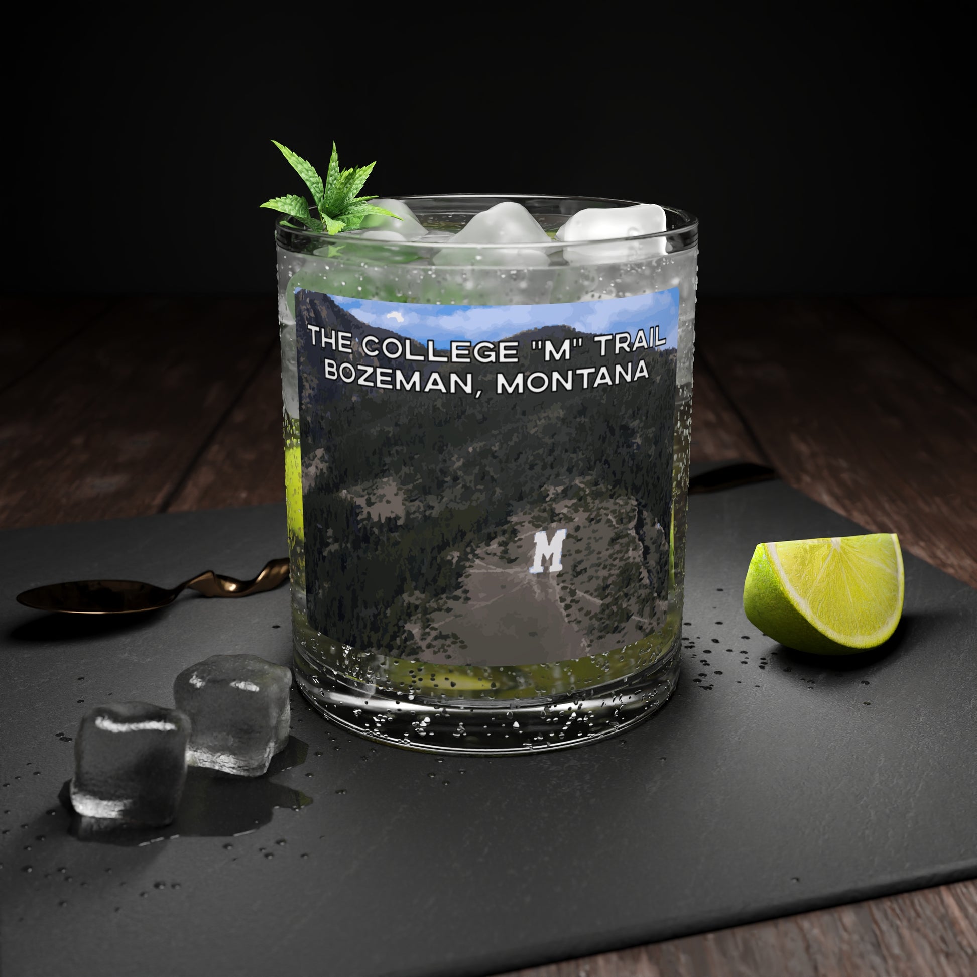 Front view of The College M Trail in Gallatin National Forest Bozeman Montana Scotch Glass from Park Attire