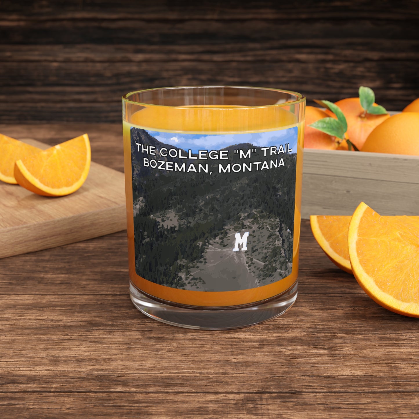 Front view of The College M Trail in Gallatin National Forest Bozeman Montana Whiskey Glass from Park Attire