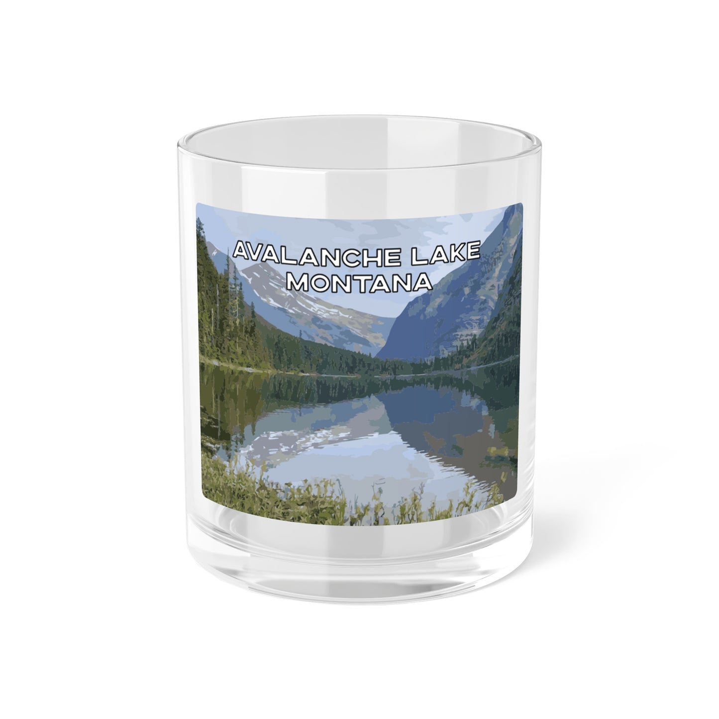 Front view of Avalanche Lake in Glacier National Park Montana Bar Glass from Park Attire