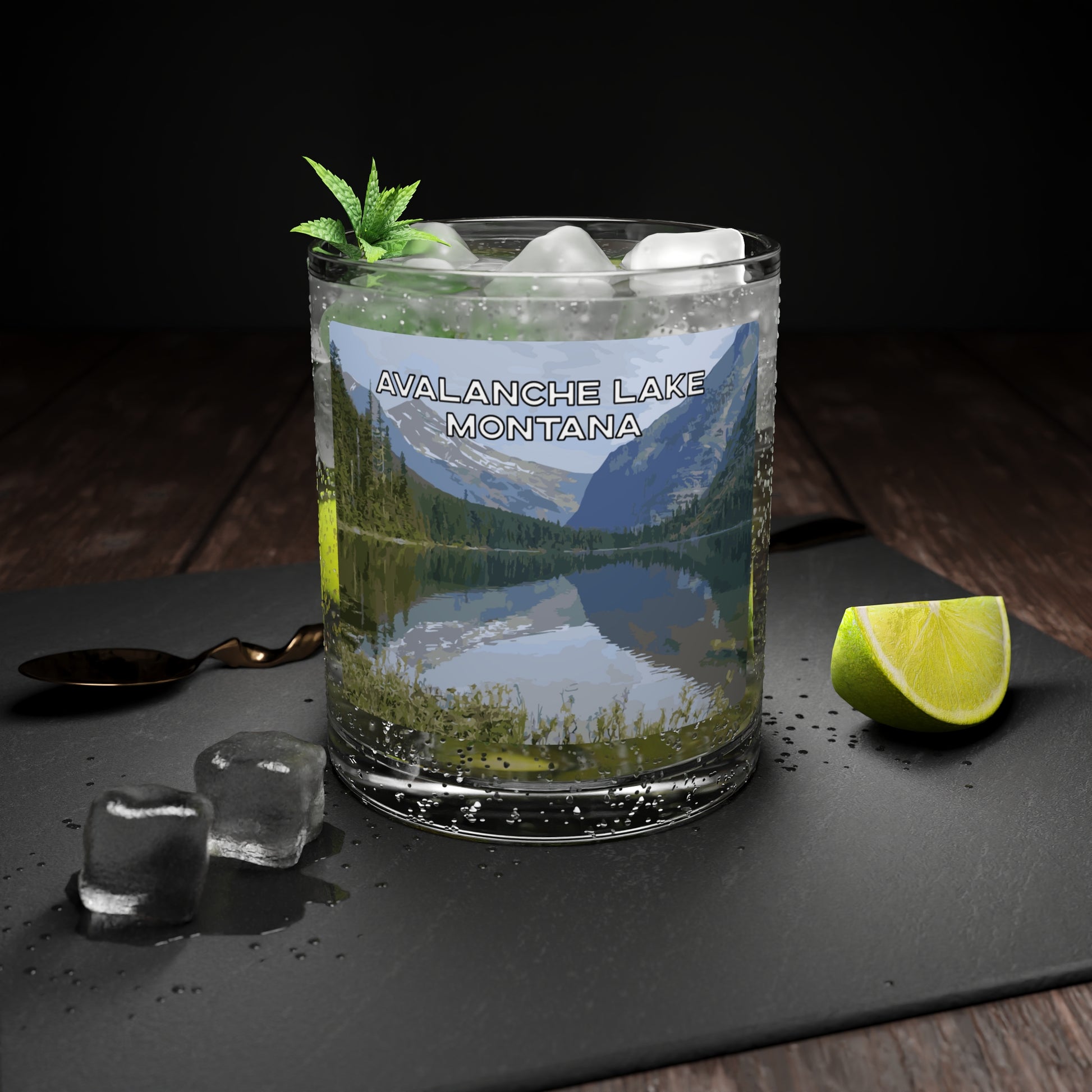 Front view of Avalanche Lake in Glacier National Park Montana Scotch Glass from Park Attire