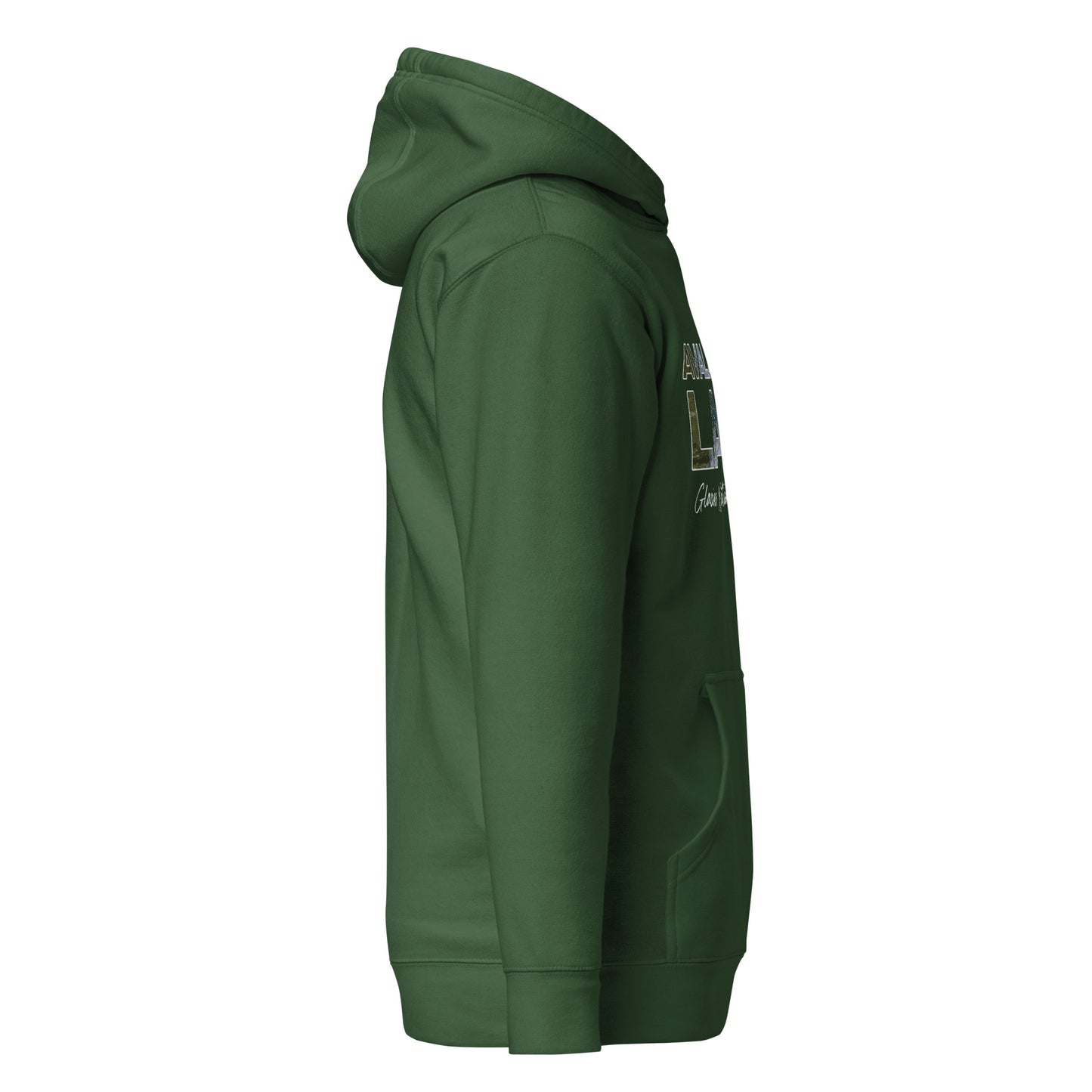 Right Side view of Avalanche Lake in Glacier National Park Montana Forest Green Cotton Hoodie from Park Attire