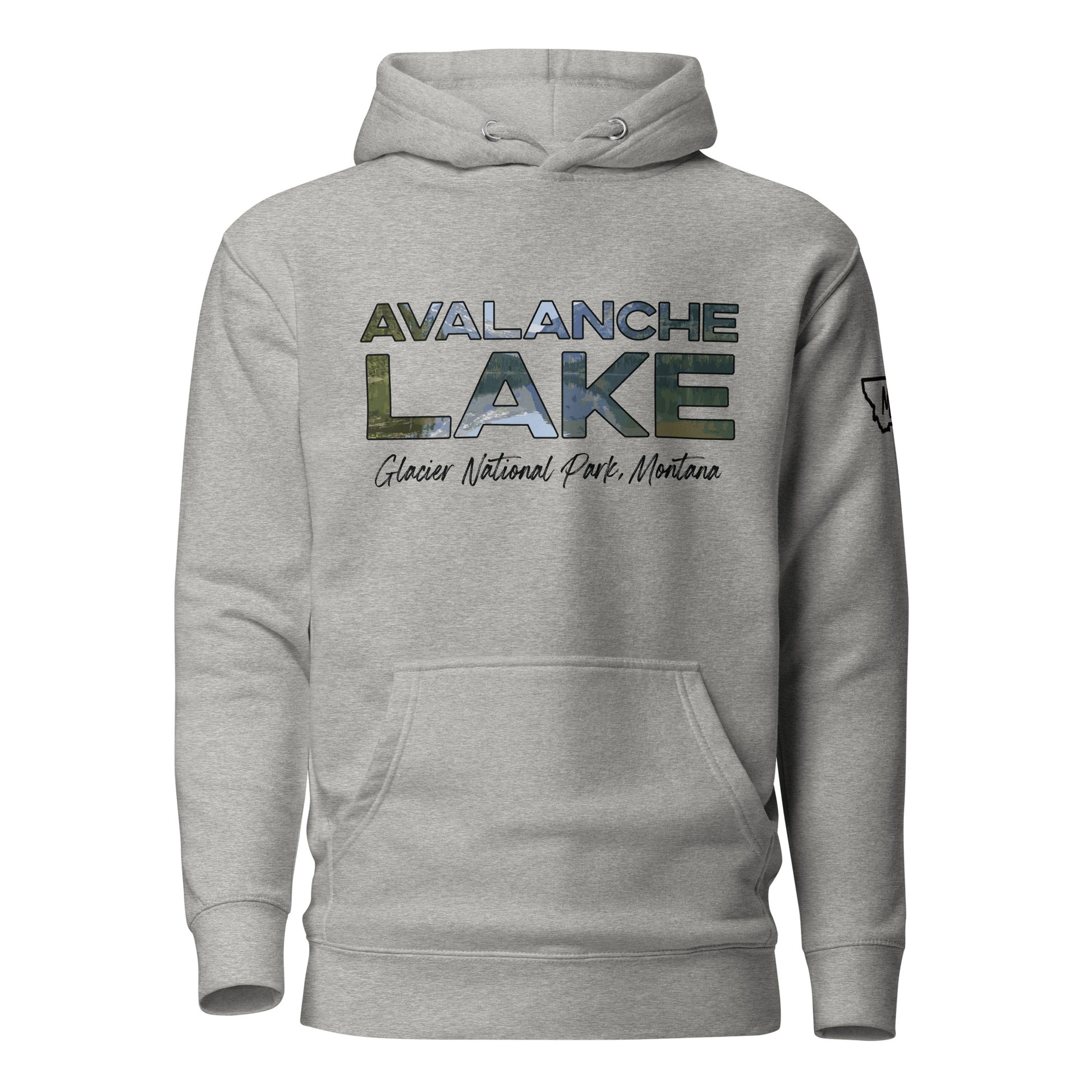 Front view of Avalanche Lake in Glacier National Park Montana Carbon Grey Hoodie from Park Attire