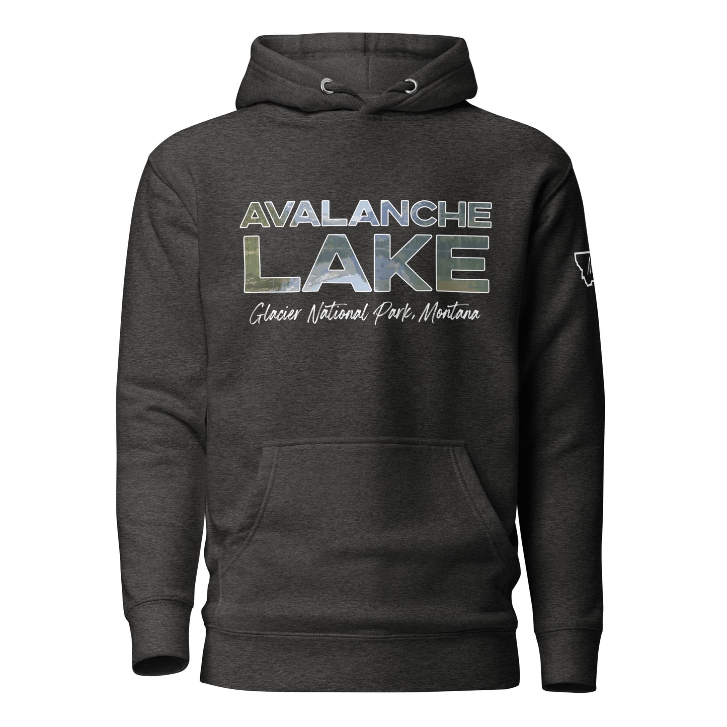 Front view of Avalanche Lake in Glacier National Park Montana Charcoal Heather Hoodie from Park Attire