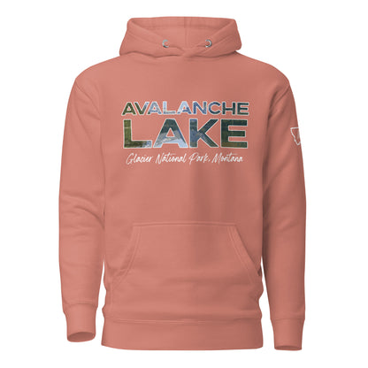 Front view of Avalanche Lake in Glacier National Park Montana Dusty Rose Hoodie from Park Attire