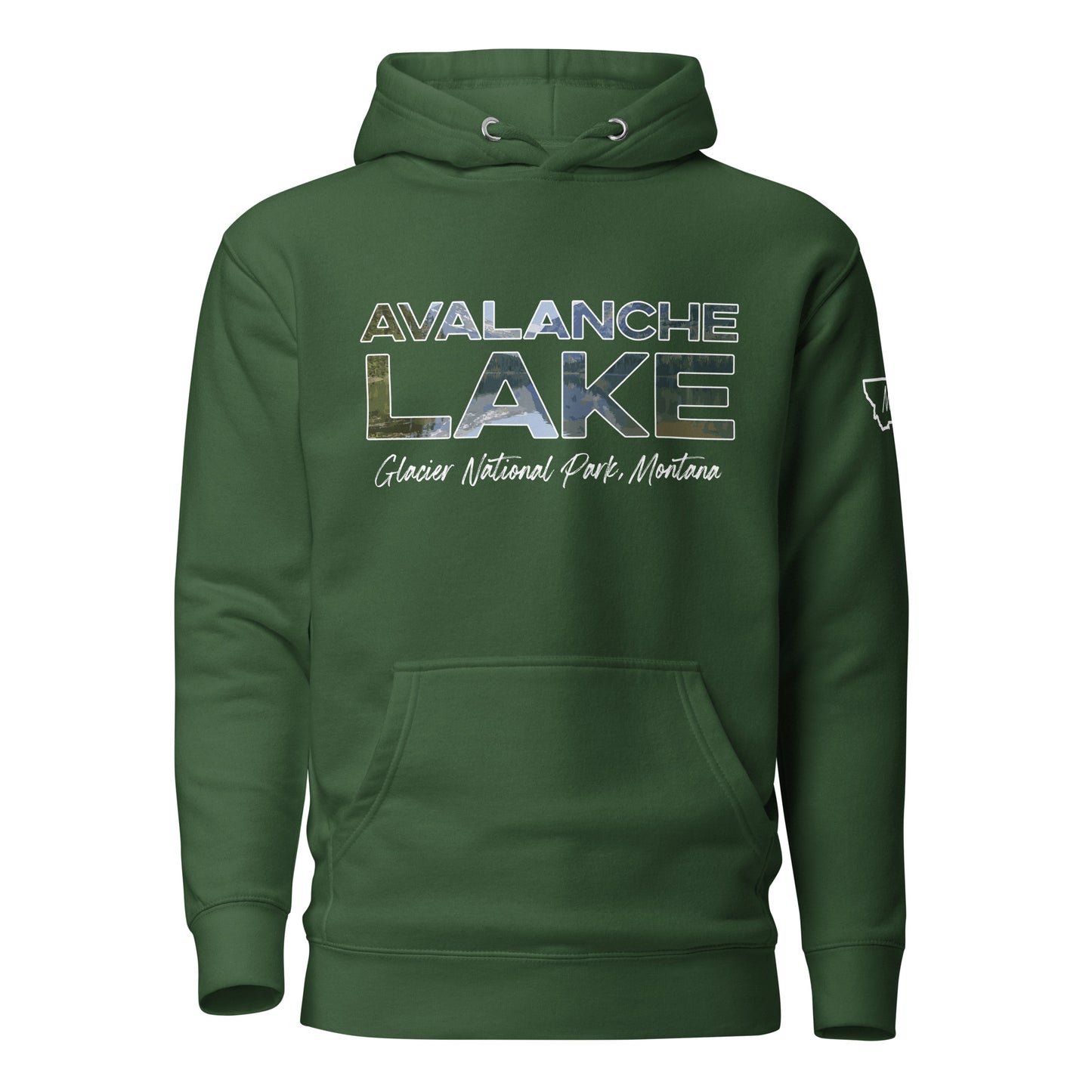 Front view of Avalanche Lake in Glacier National Park Montana Forest Green Hoodie from Park Attire