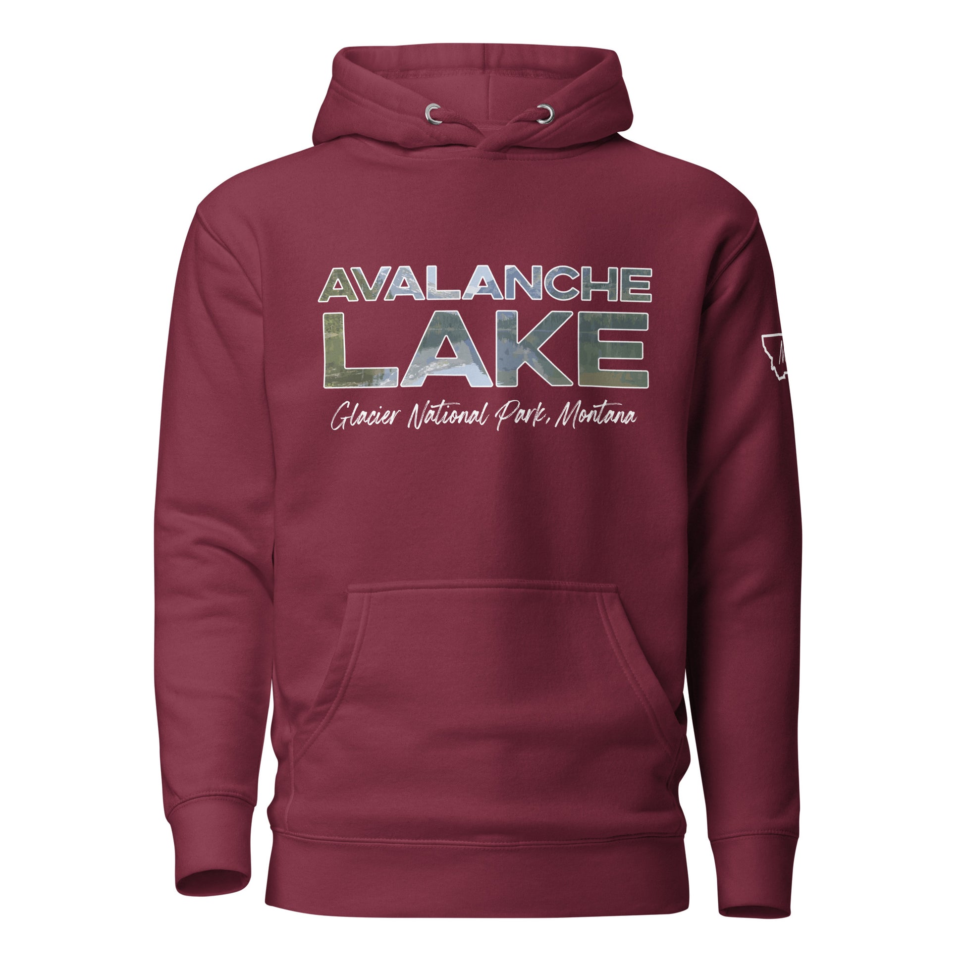 Front view of Avalanche Lake in Glacier National Park Montana Maroon Hoodie from Park Attire