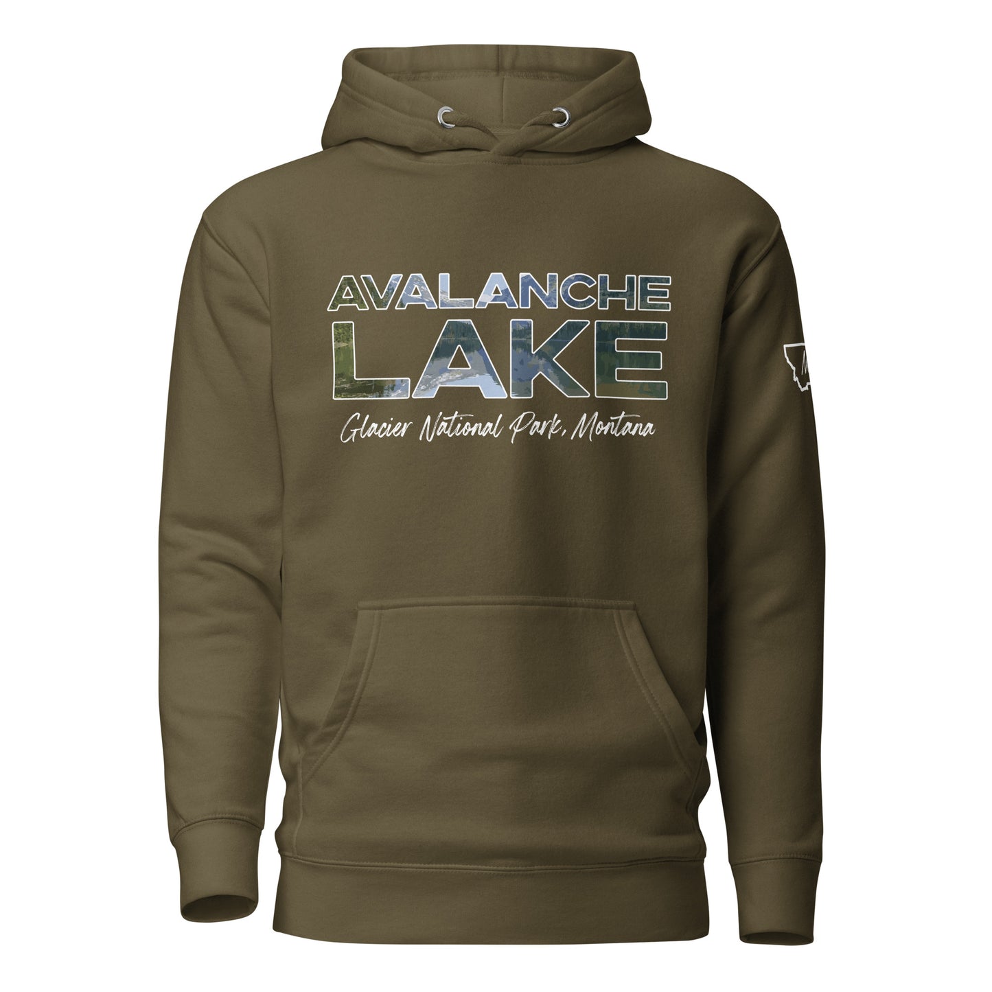 Front view of Avalanche Lake in Glacier National Park Montana Military Green Hoodie from Park Attire