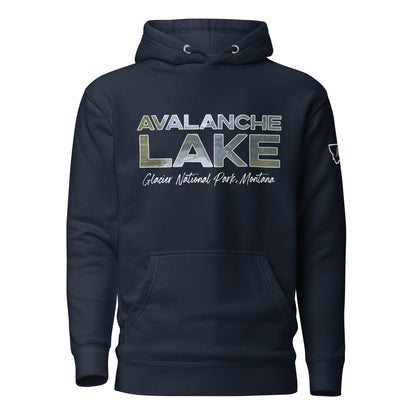 Front view of Avalanche Lake in Glacier National Park Montana Navy Hoodie from Park Attire