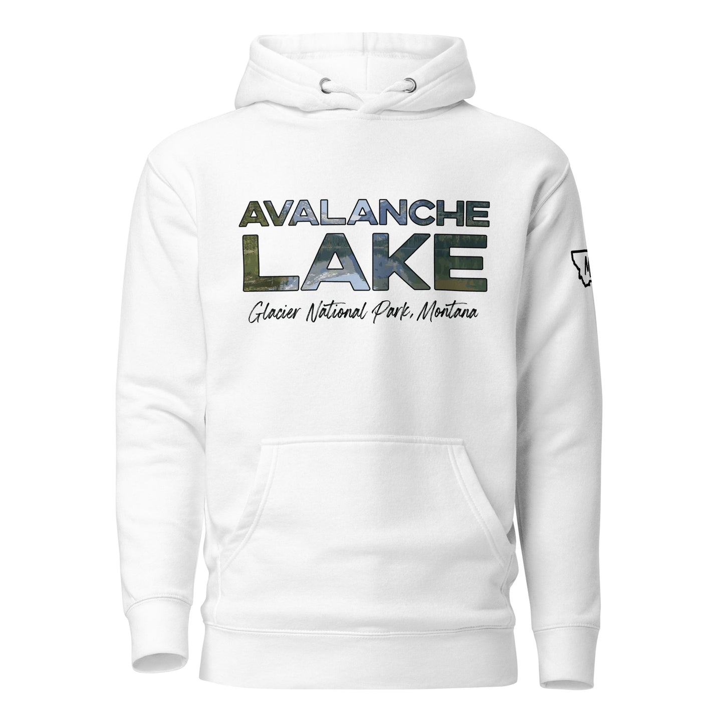 Front view of Avalanche Lake in Glacier National Park Montana White Hoodie from Park Attire