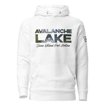 Front view of Avalanche Lake in Glacier National Park Montana White Hoodie from Park Attire
