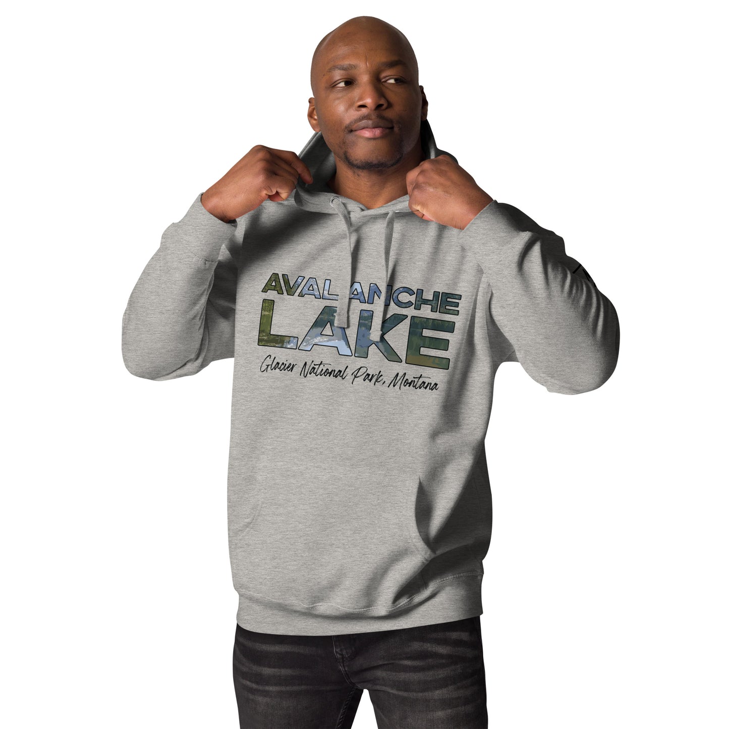 Front-Side view of Avalanche Lake in Glacier National Park Montana Carbon Grey Men's Hoodie from Park Attire
