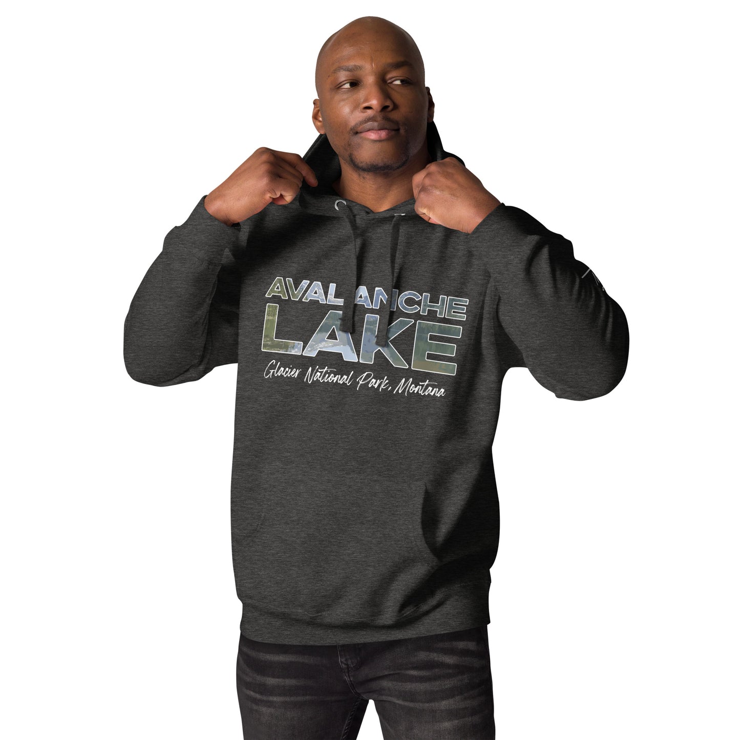 Front-Side view of Avalanche Lake in Glacier National Park Montana Charcoal Heather Men's Hoodie from Park Attire