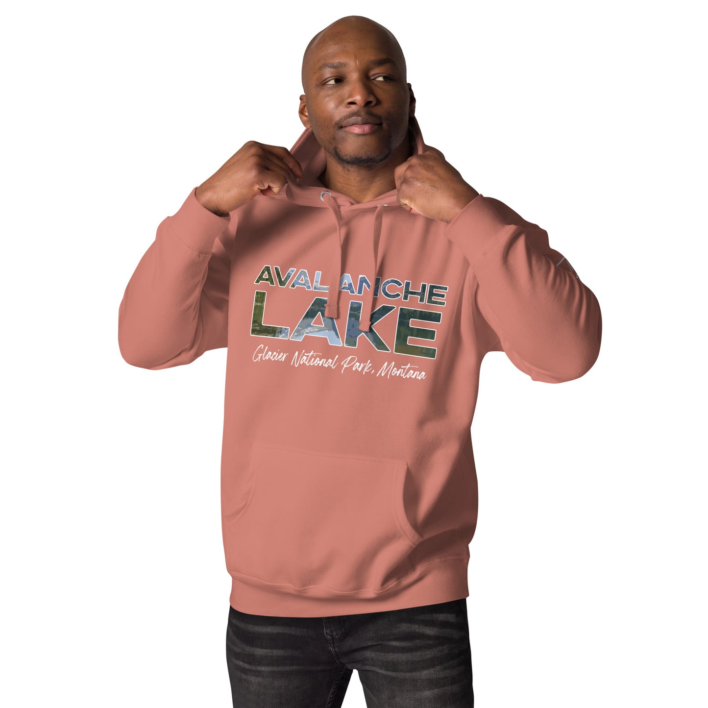 Front-Side view of Avalanche Lake in Glacier National Park Montana Dusty Rose Men's Hoodie from Park Attire