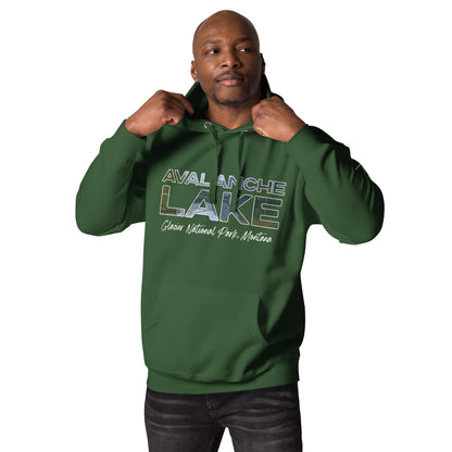 Front-Side view of Avalanche Lake in Glacier National Park Montana Forest Green Men's Hoodie from Park Attire