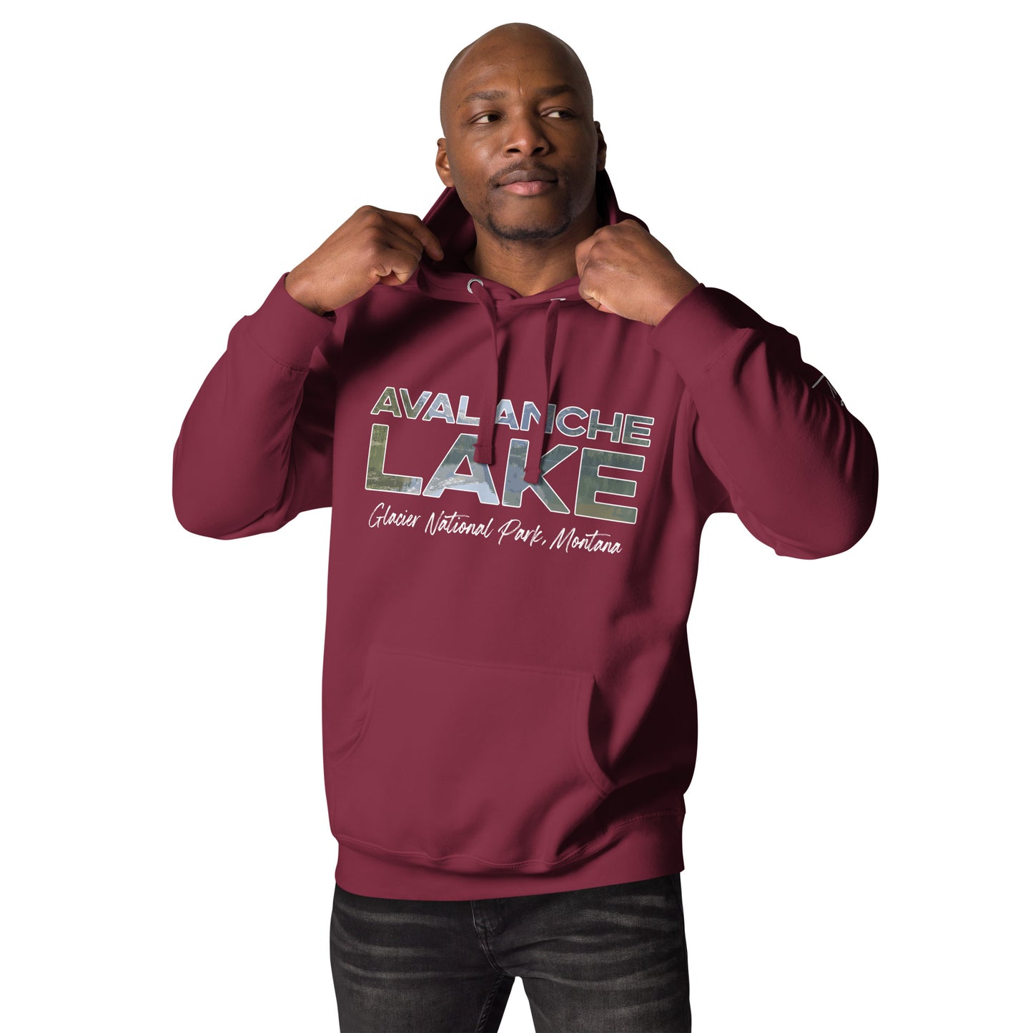 Front-Side view of Avalanche Lake in Glacier National Park Montana Maroon Men's Hoodie from Park Attire