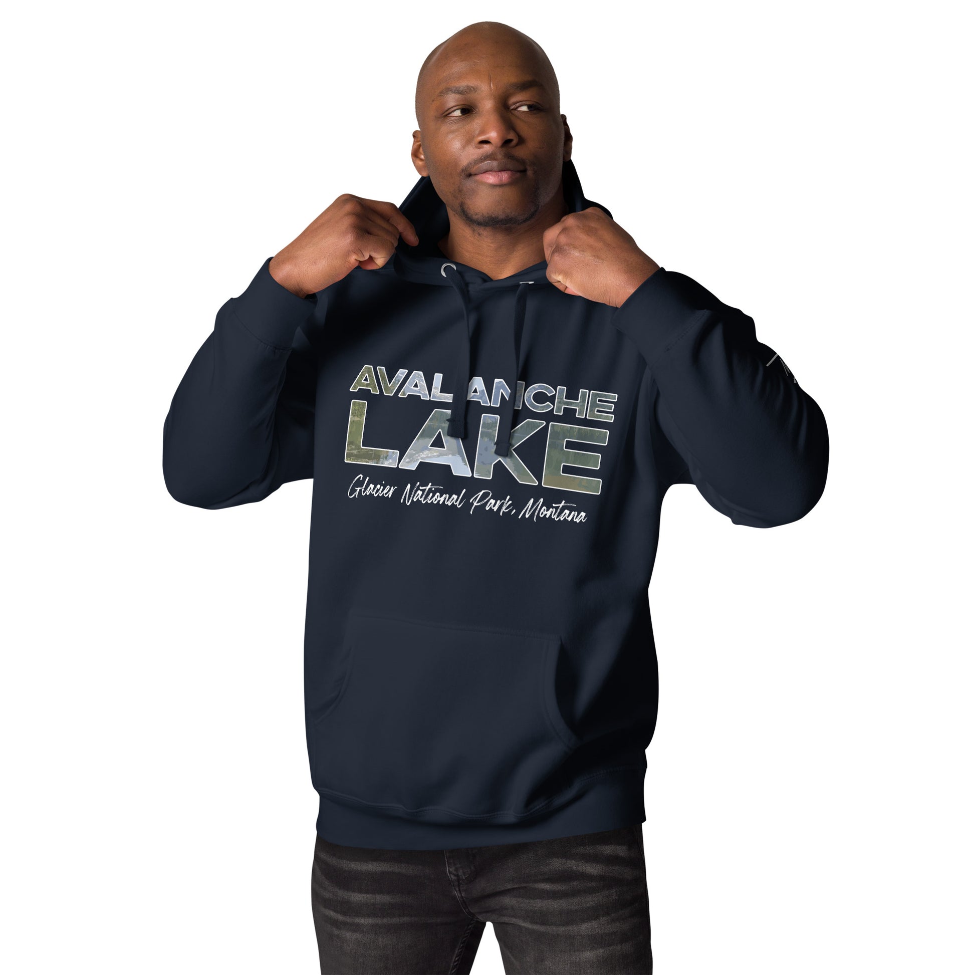 Front-Side view of Avalanche Lake in Glacier National Park Montana Navy Men's Hoodie from Park Attire