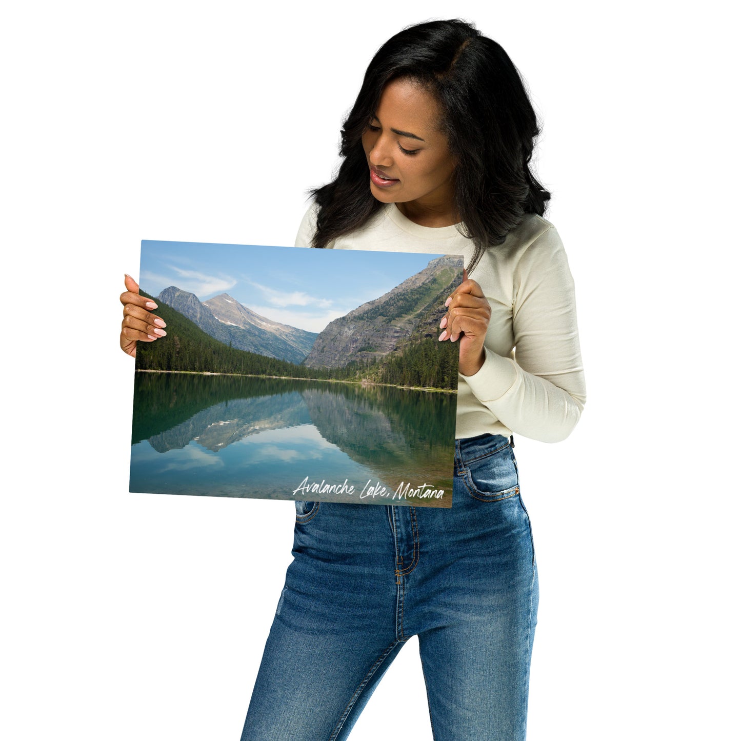 Woman holding view of Avalanche Lake in Glacier National Park Montana 11x14 Metal Prints Wall Art from Park Attire