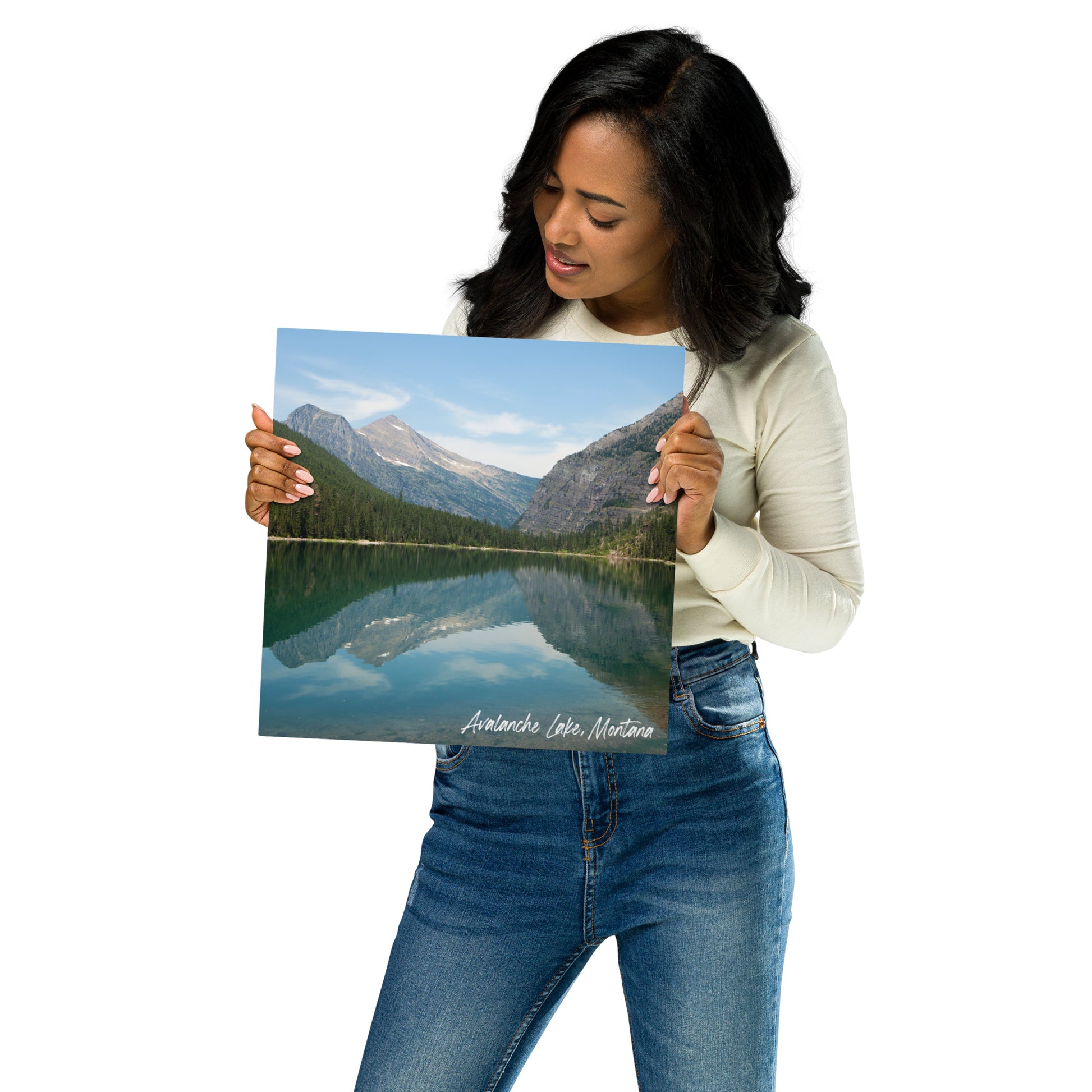 Woman holding view of Avalanche Lake in Glacier National Park Montana 12x12 Metal Prints Wall Art from Park Attire