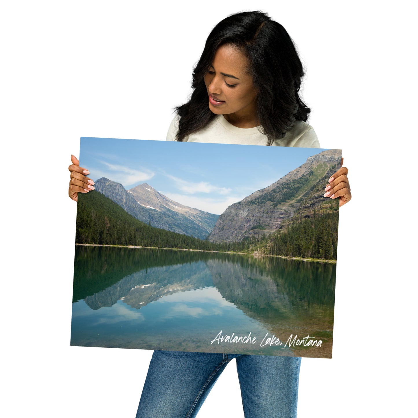 Woman holding view of Avalanche Lake in Glacier National Park Montana 16x20 Metal Prints Wall Art from Park Attire