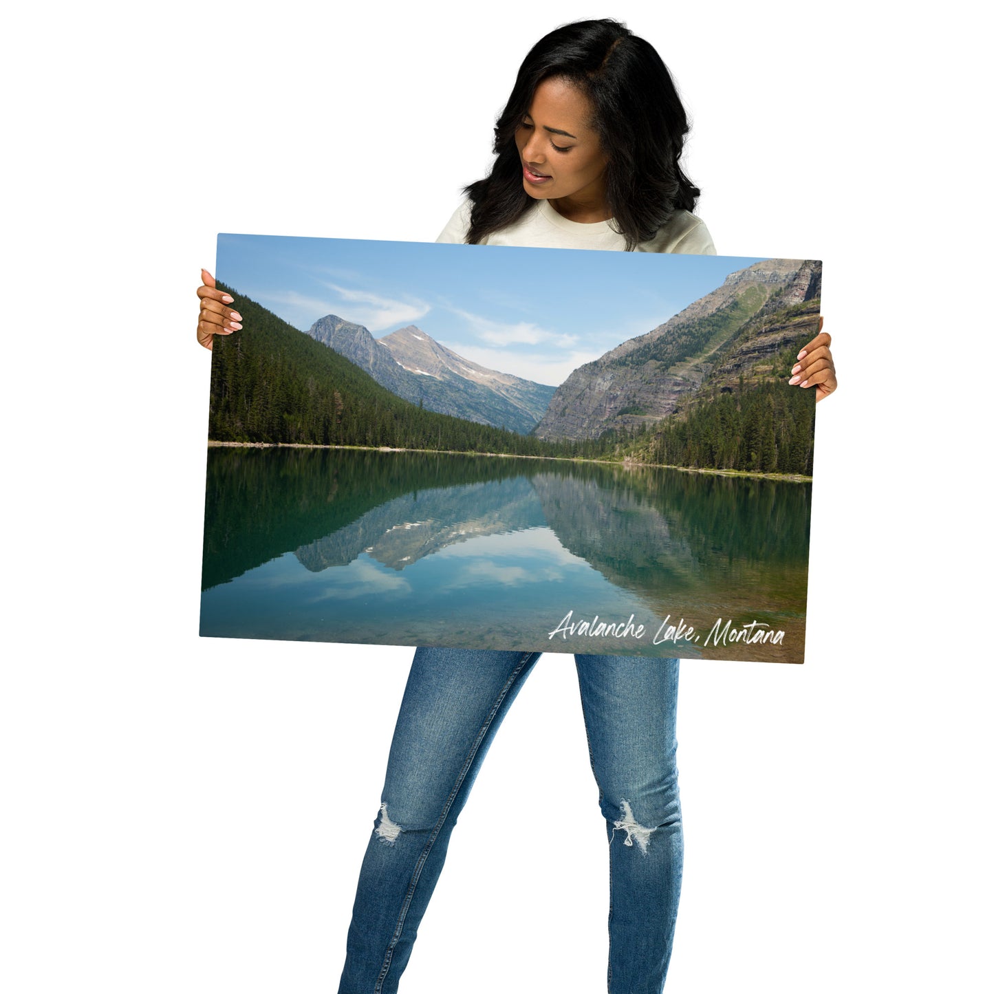 Woman holding view of Avalanche Lake in Glacier National Park Montana 20x30 Metal Prints Wall Art from Park Attire
