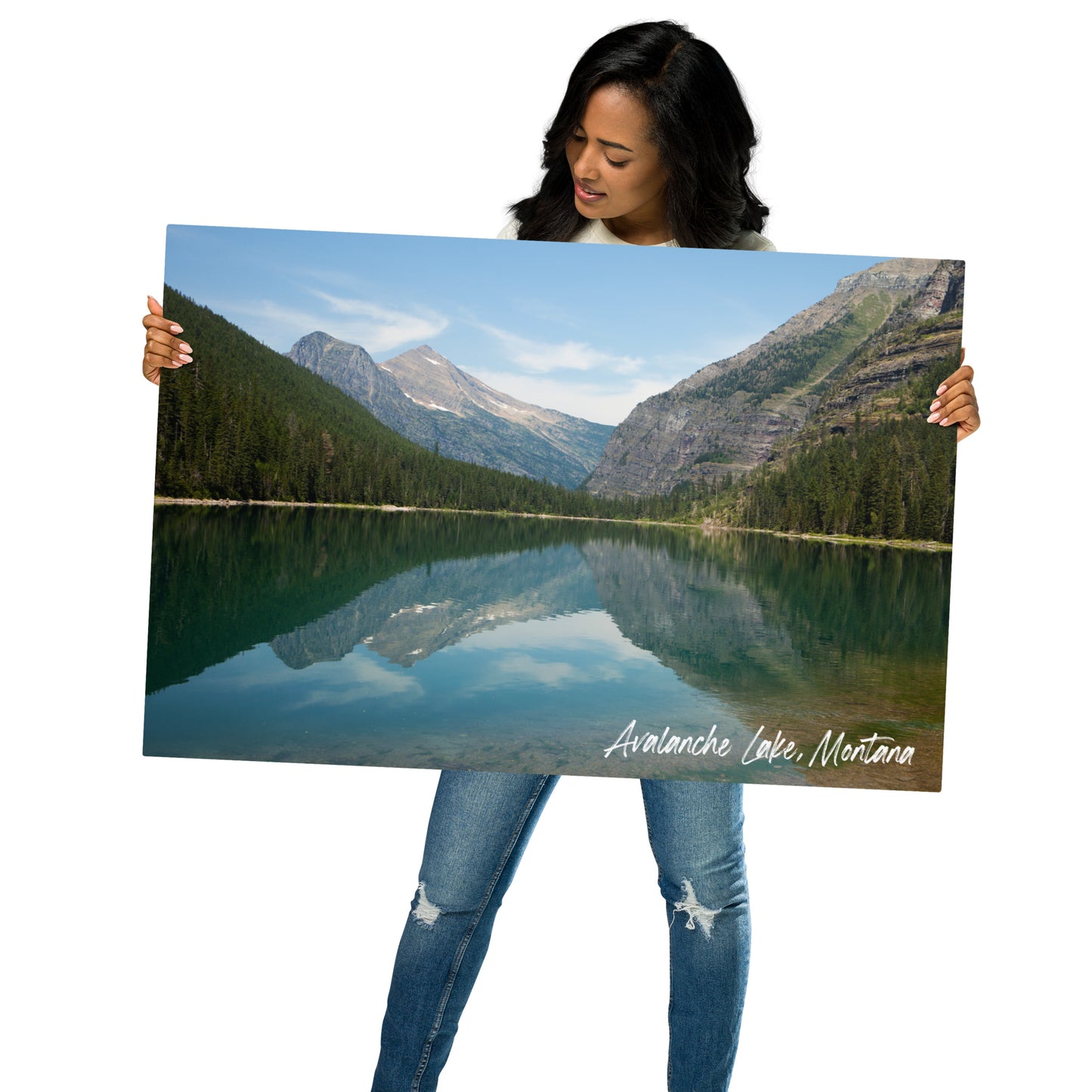 Woman holding view of Avalanche Lake in Glacier National Park Montana 24x36 Metal Prints Wall Art from Park Attire