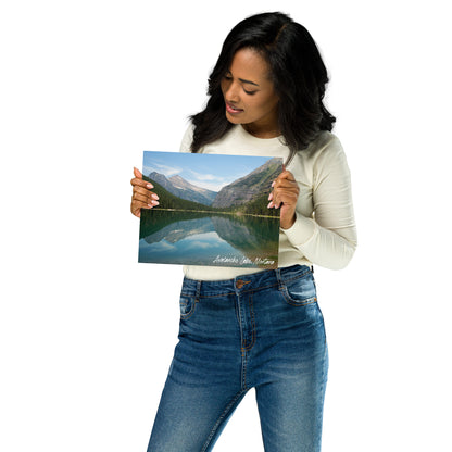 Woman holding view of Avalanche Lake in Glacier National Park Montana 8x10 Metal Prints Wall Art from Park Attire