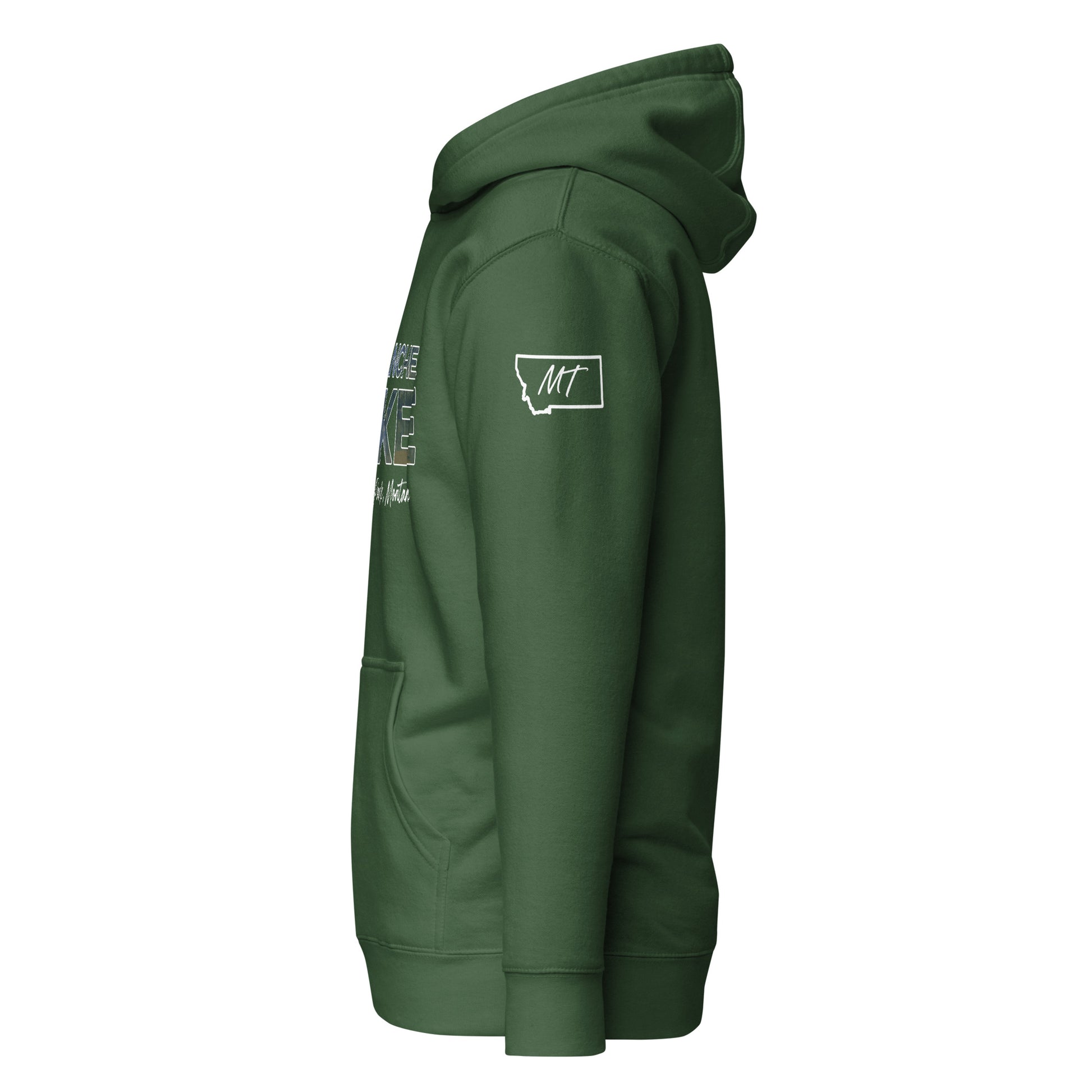 Left Side view of Avalanche Lake in Glacier National Park Montana Forest Green Soft Hoodie from Park Attire