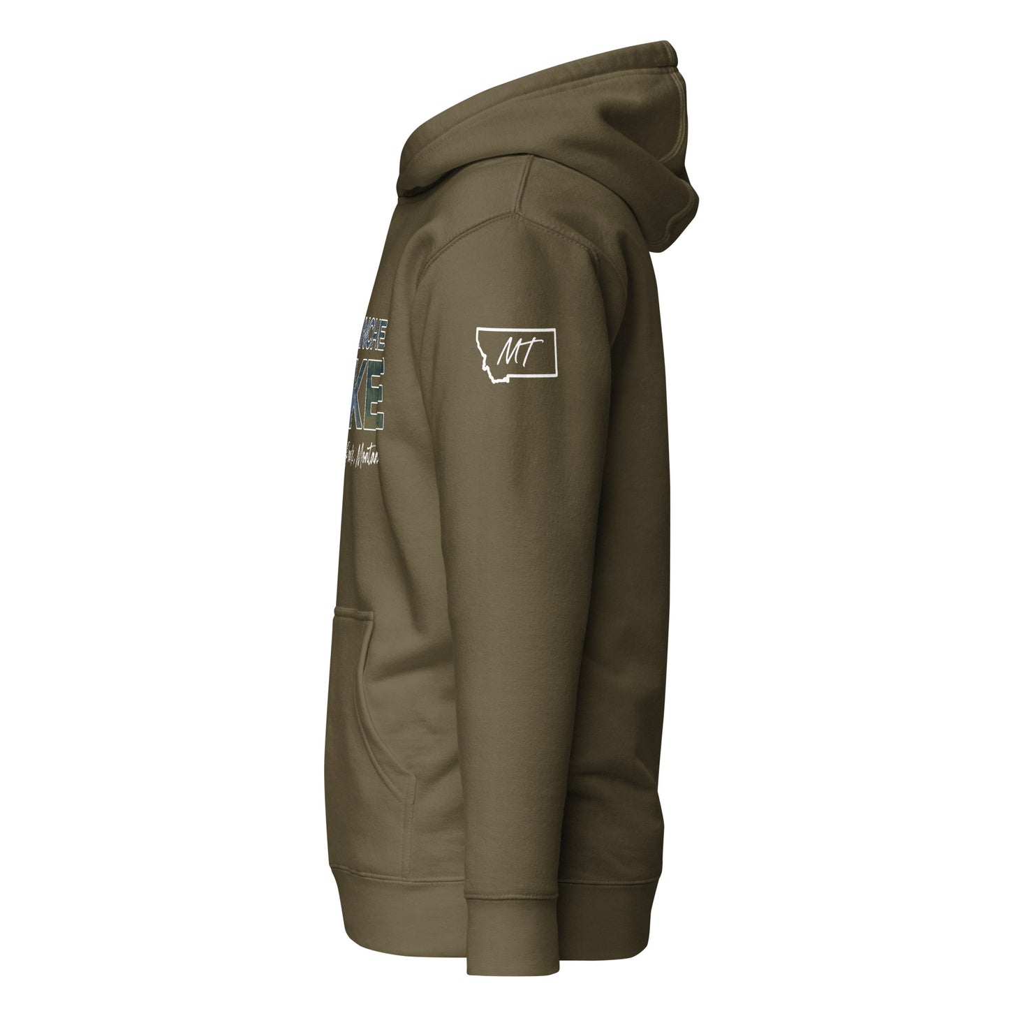 Left Side view of Avalanche Lake in Glacier National Park Montana Military Green Soft Hoodie from Park Attire