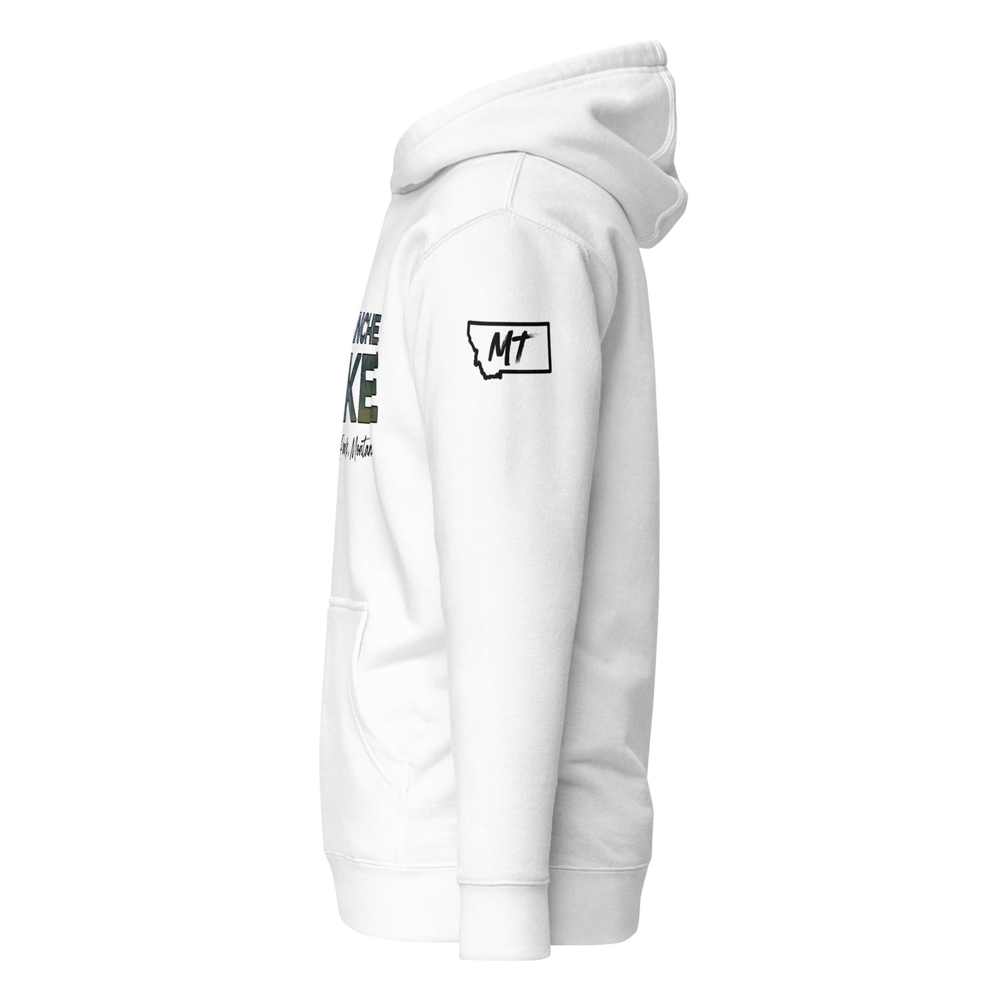 Left Side view of Avalanche Lake in Glacier National Park Montana White Soft Hoodie from Park Attire