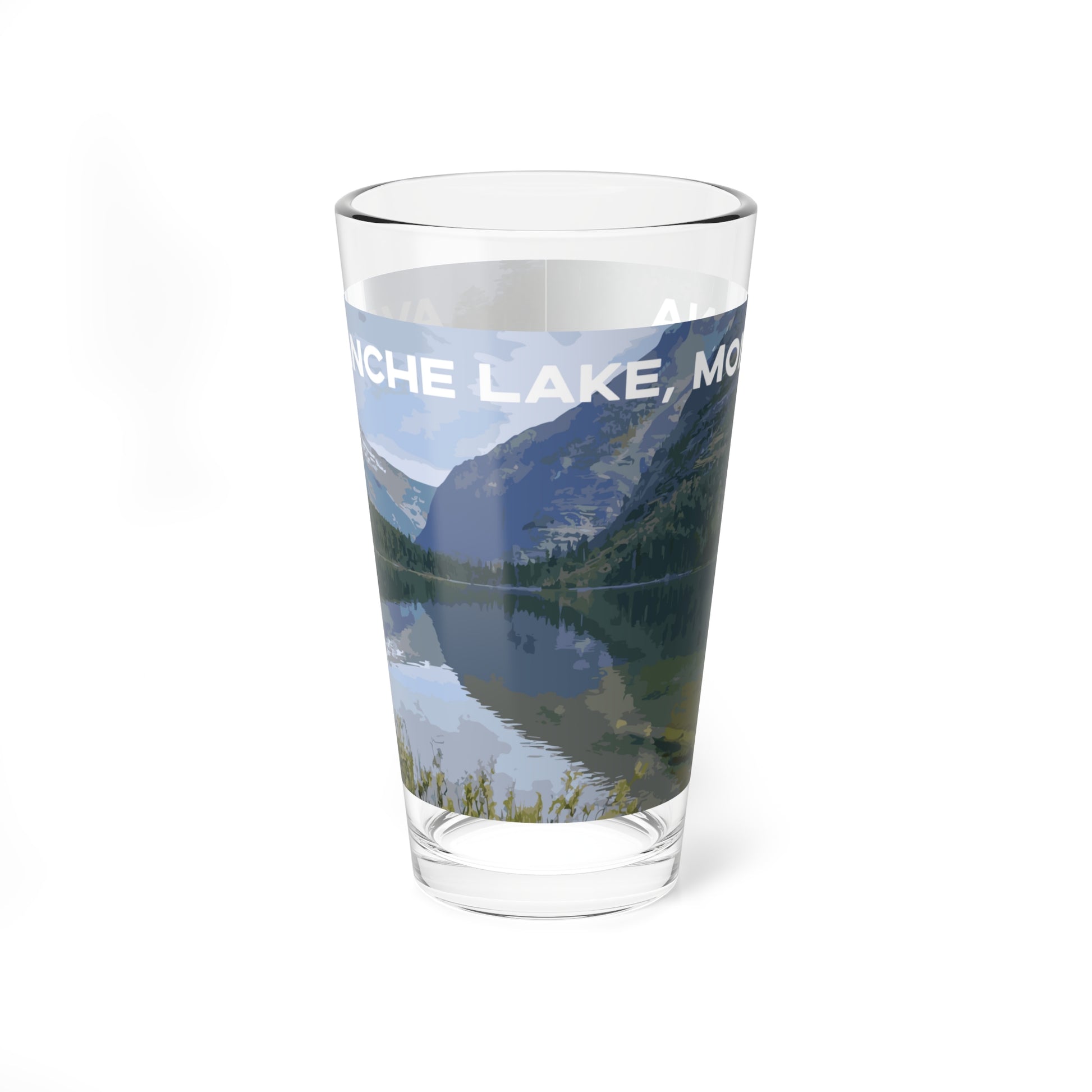 Side view of Avalanche Lake in Glacier National Park Montana 16oz Clear Glassware from Park Attire