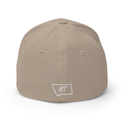 Back view of Gallatin Mountain Range in Gallatin National Forest Montana Khaki Flexfit 6277 Hat from Park Attire